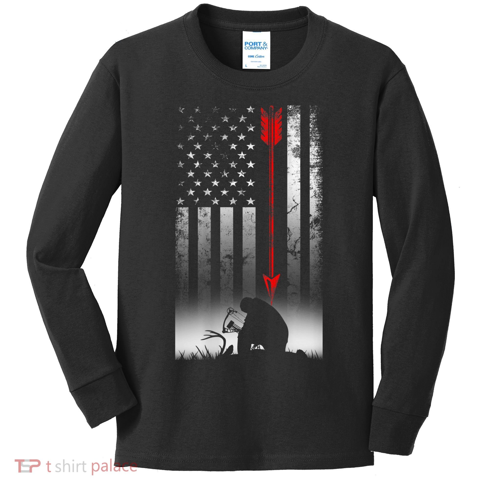 Bow Deer Hunting American Flag For Bow Hunting Kids Long Sleeve Shirt