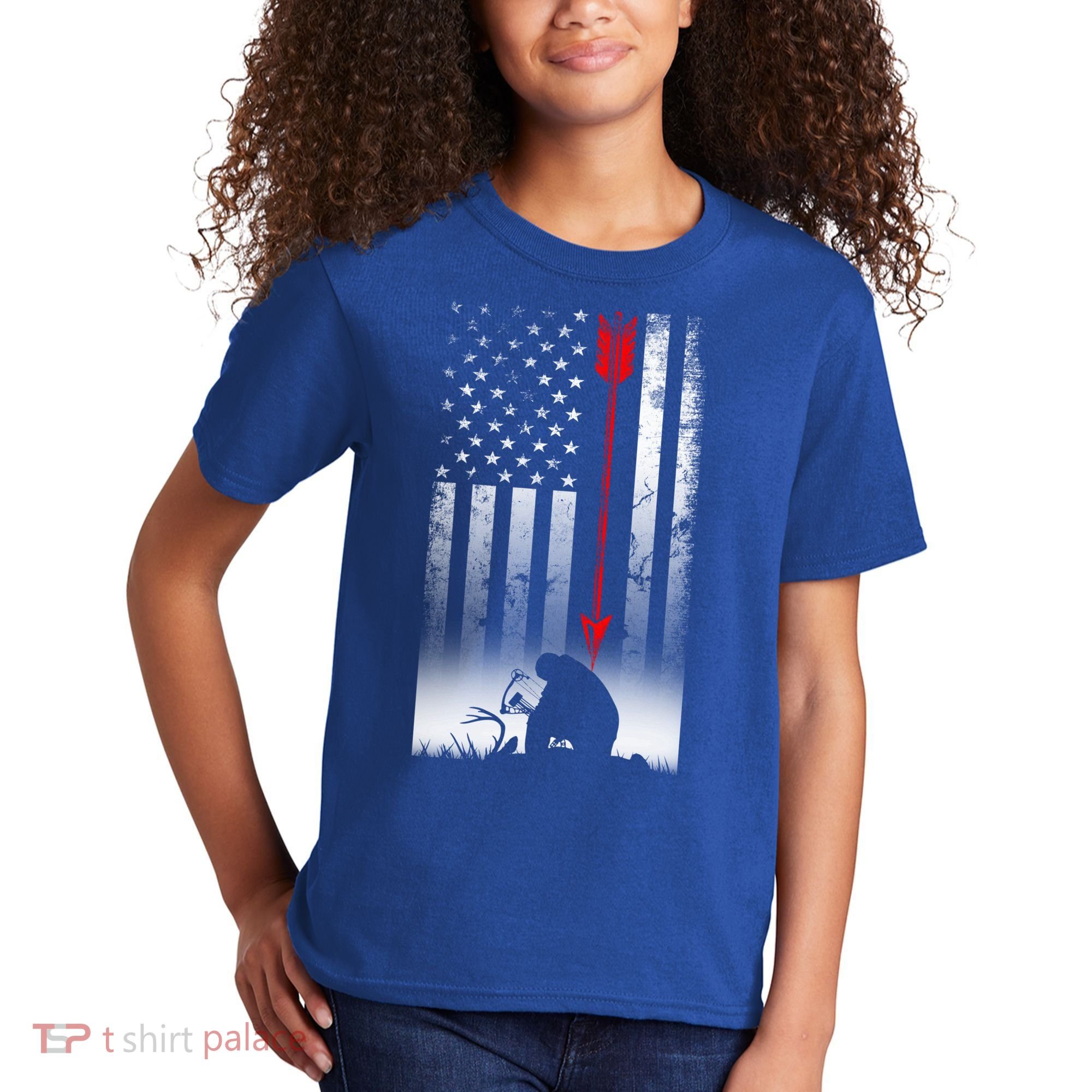 Bow Deer Hunting American Flag Gift For Bow Hunting Gift Kids T-Shirt