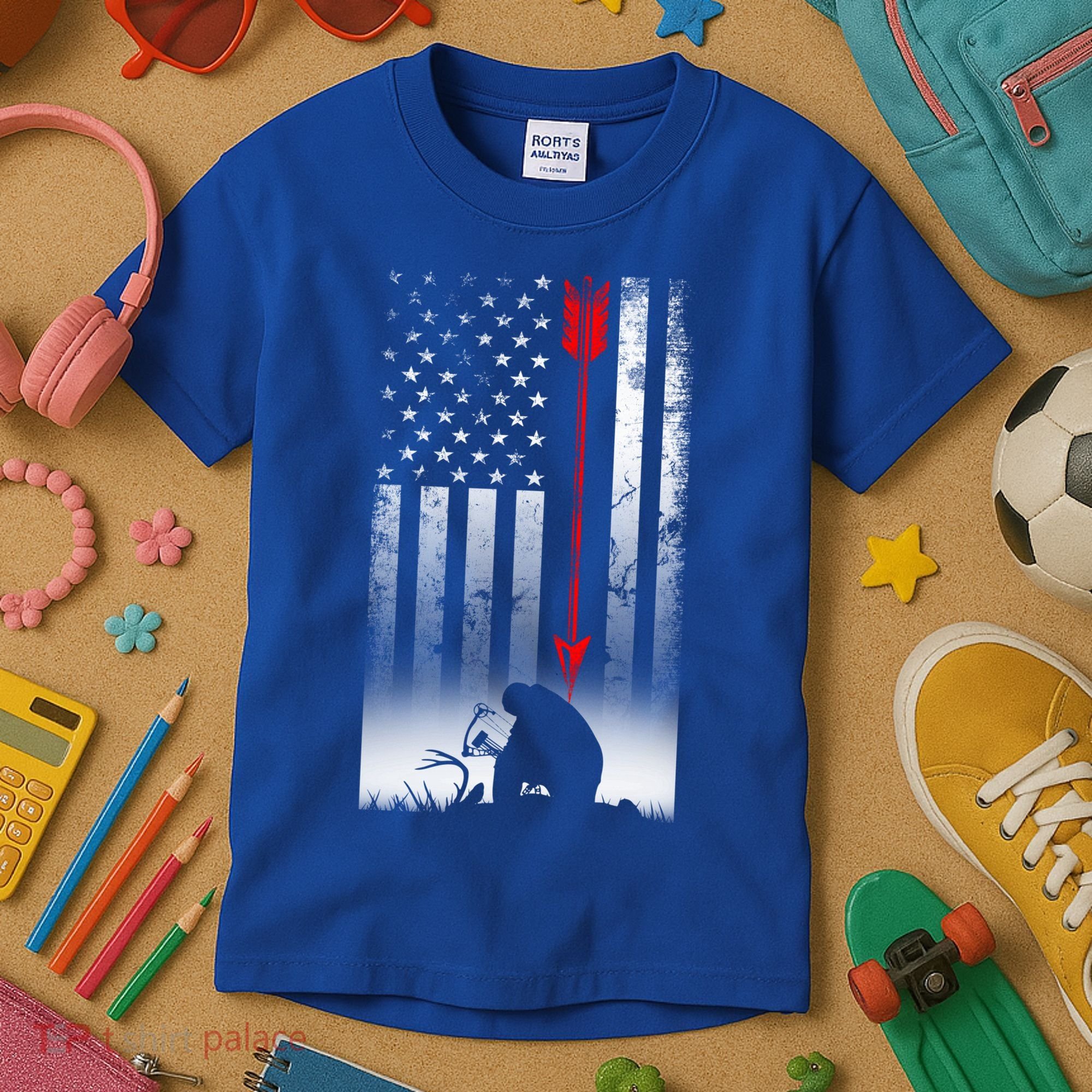 Bow Deer Hunting American Flag Gift For Bow Hunting Gift Kids T-Shirt