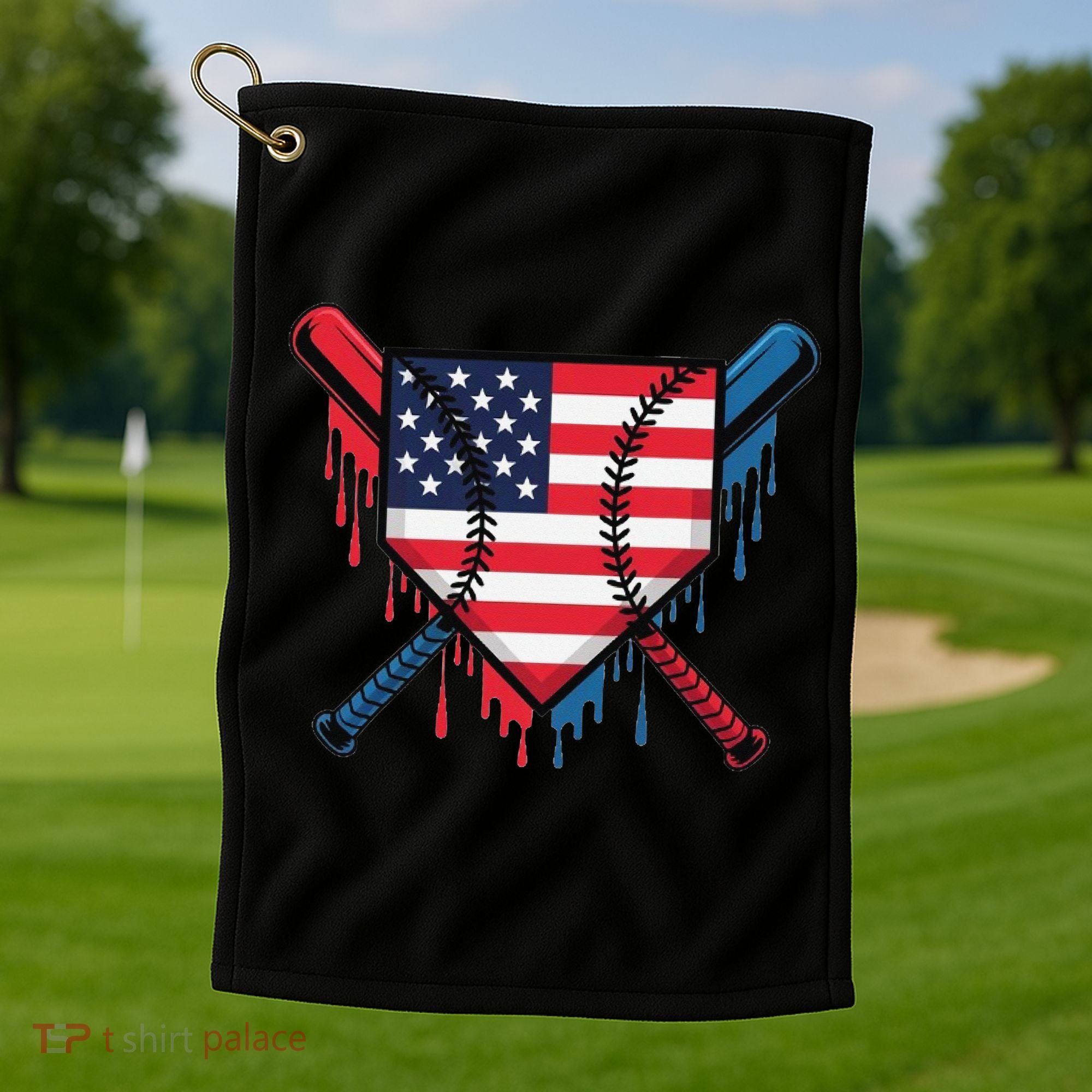 Baseball Drip Ice Cream Patriotic American Flag Funny Golf Towel