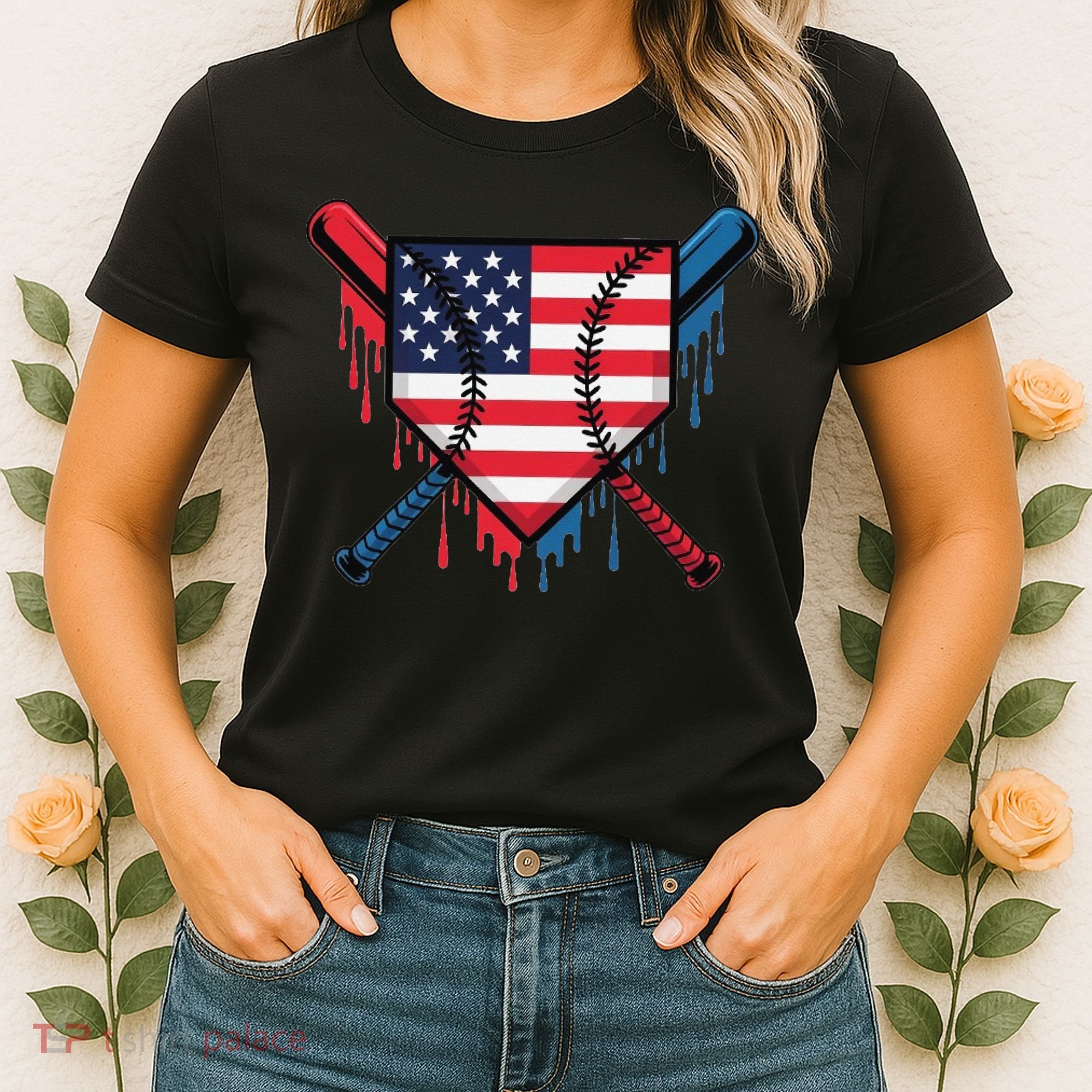 Baseball Drip Ice Cream Patriotic American Flag Funny Women's T-Shirt