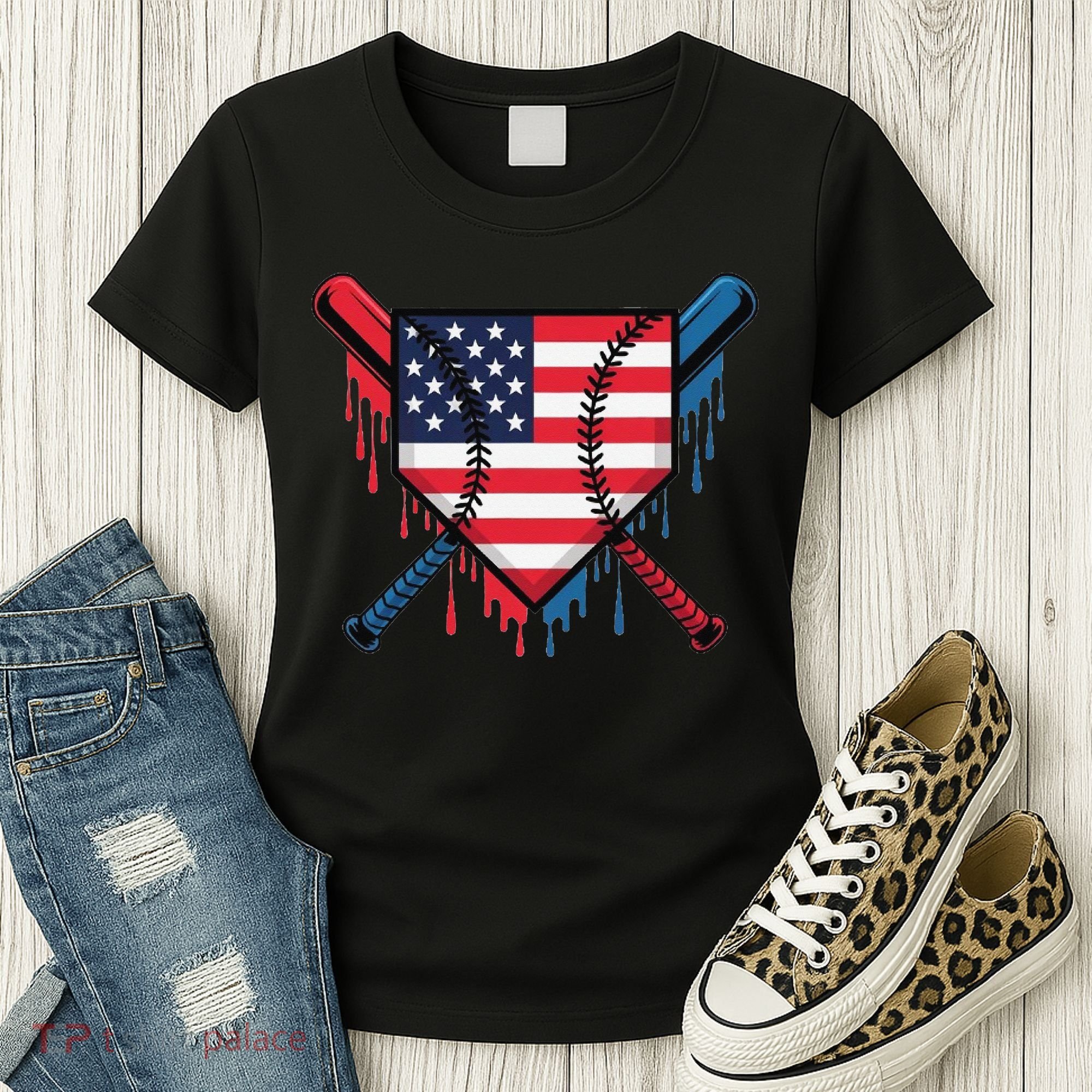 Baseball Drip Ice Cream Patriotic American Flag Funny Women's T-Shirt