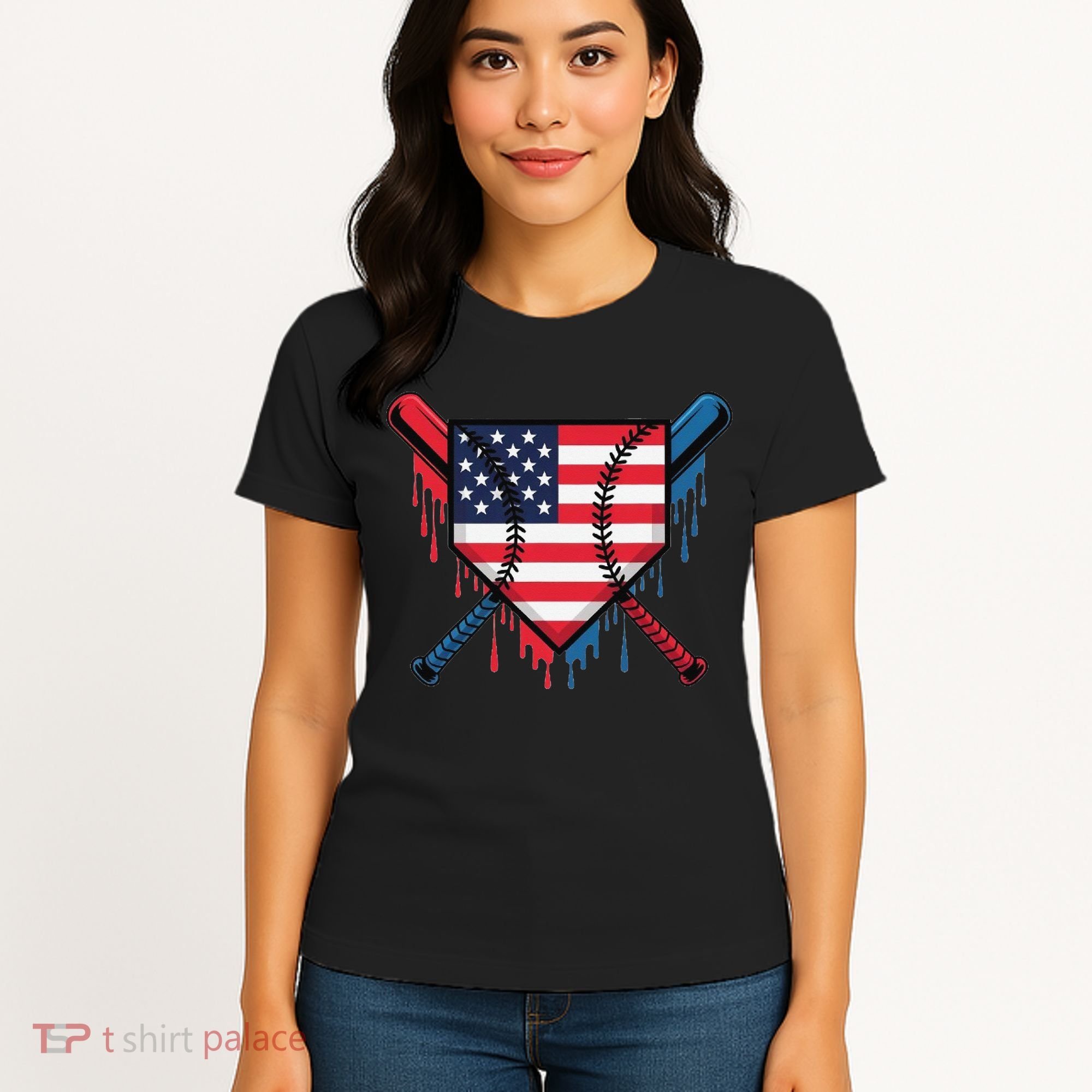 Baseball Drip Ice Cream Patriotic American Flag Funny Women's T-Shirt