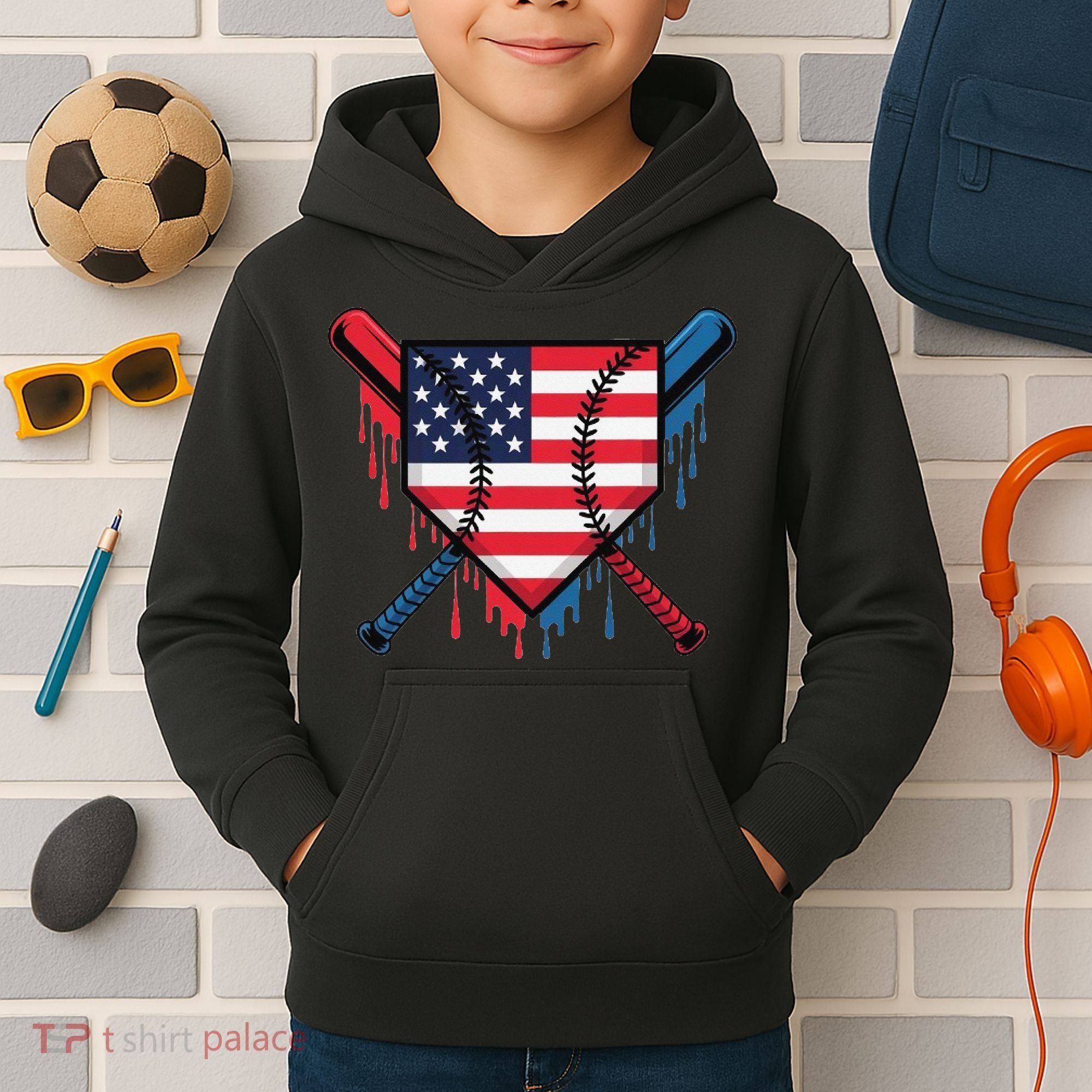 Baseball Drip Ice Cream Patriotic American Flag Funny Kids Hoodie