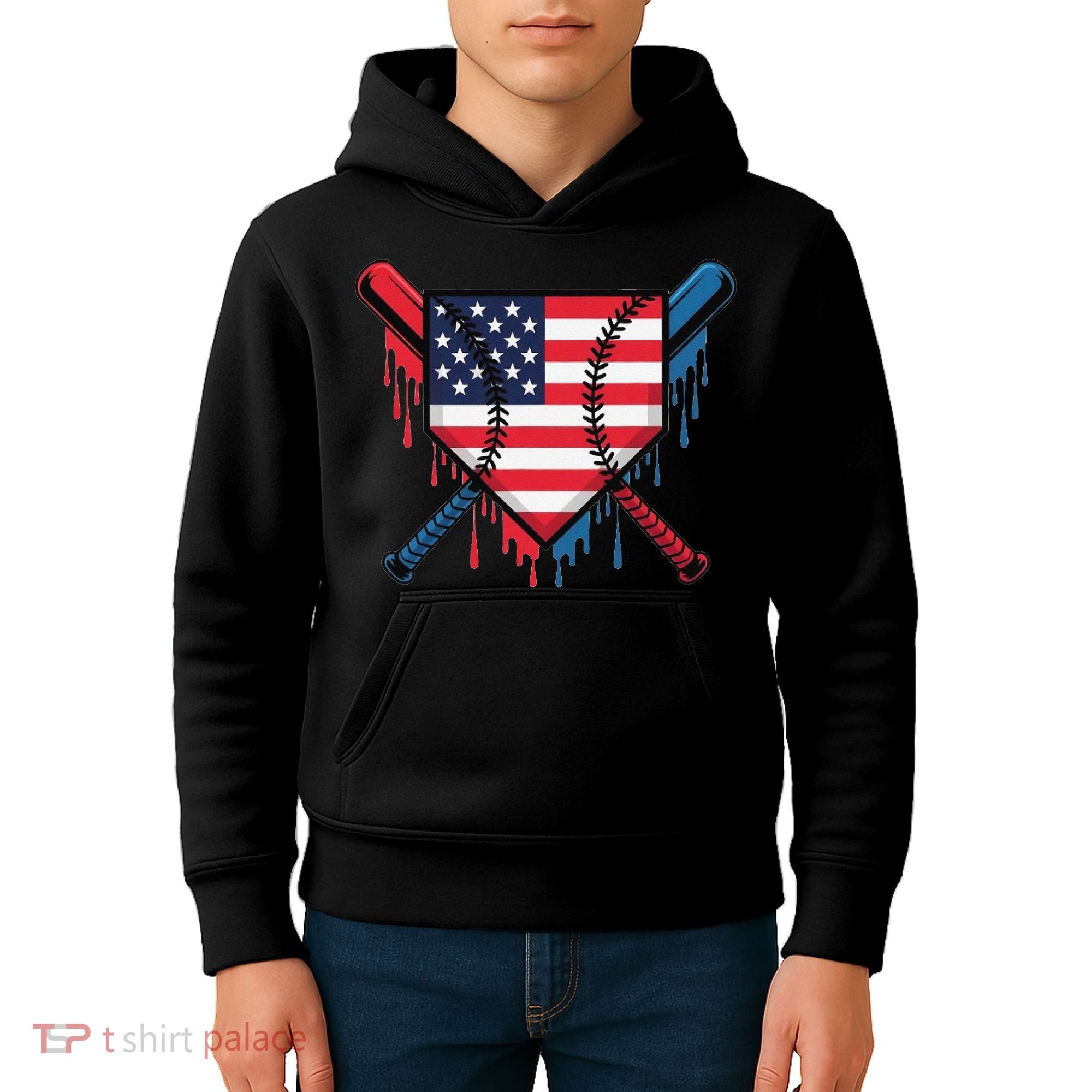 Baseball Drip Ice Cream Patriotic American Flag Funny Kids Hoodie