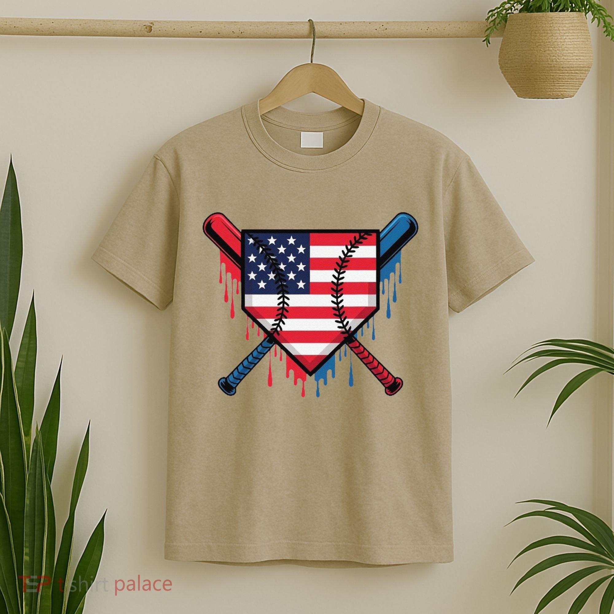 Baseball Drip Ice Cream Patriotic American Flag Funny T-Shirt