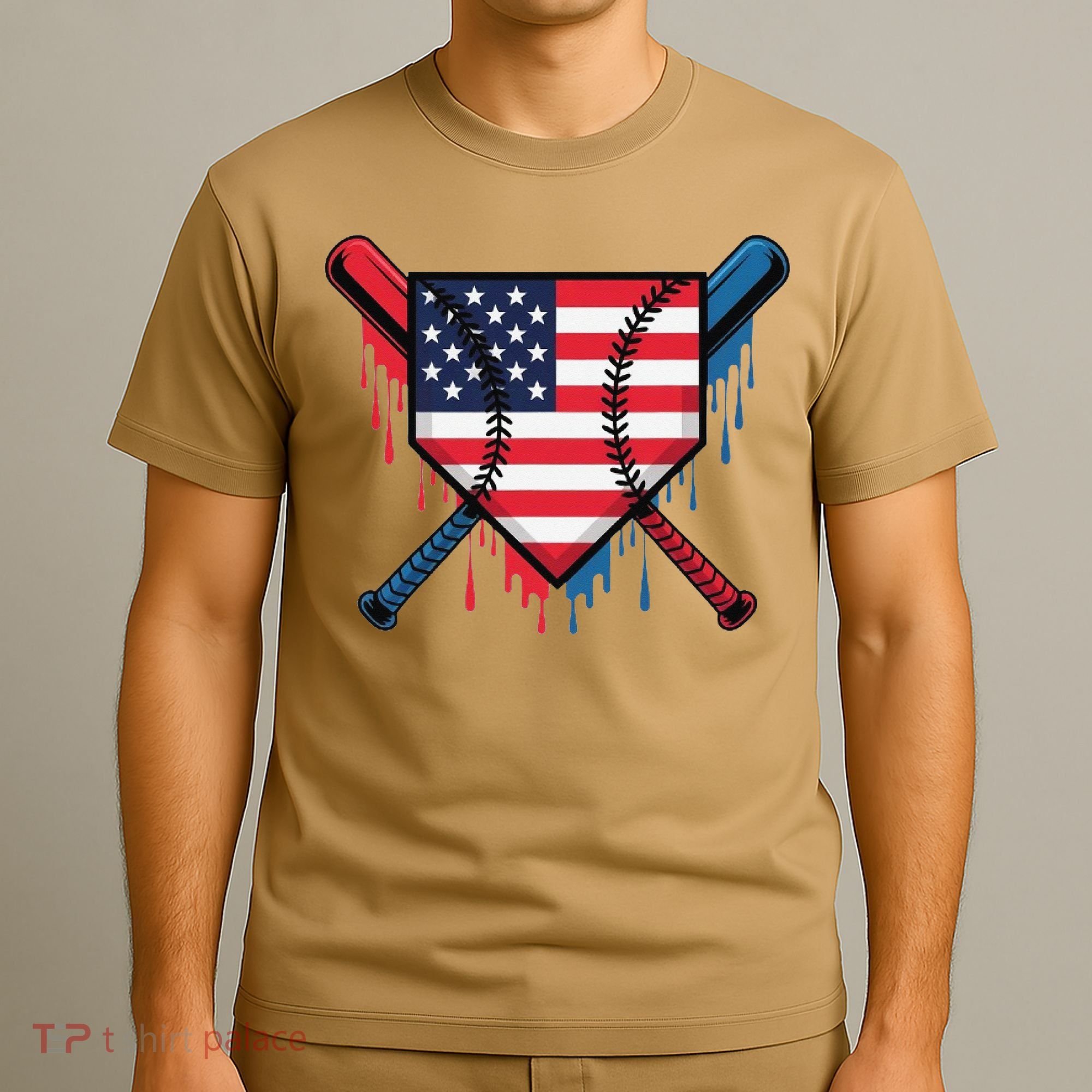 Baseball Drip Ice Cream Patriotic American Flag Funny T-Shirt