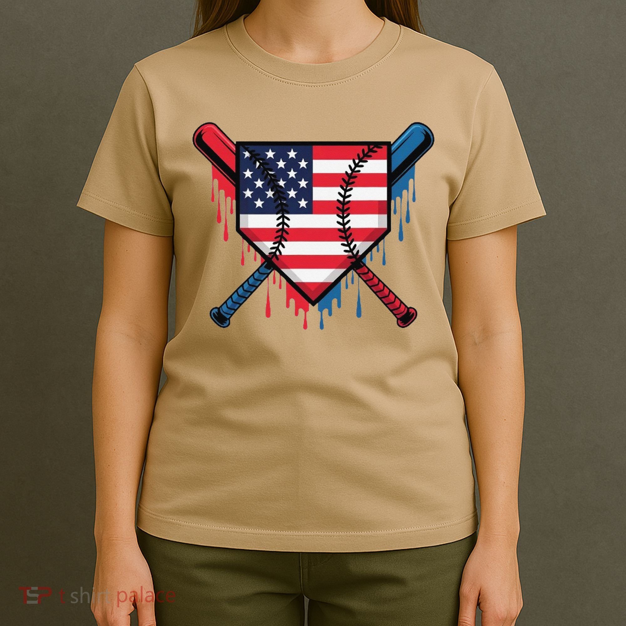 Baseball Drip Ice Cream Patriotic American Flag Funny T-Shirt