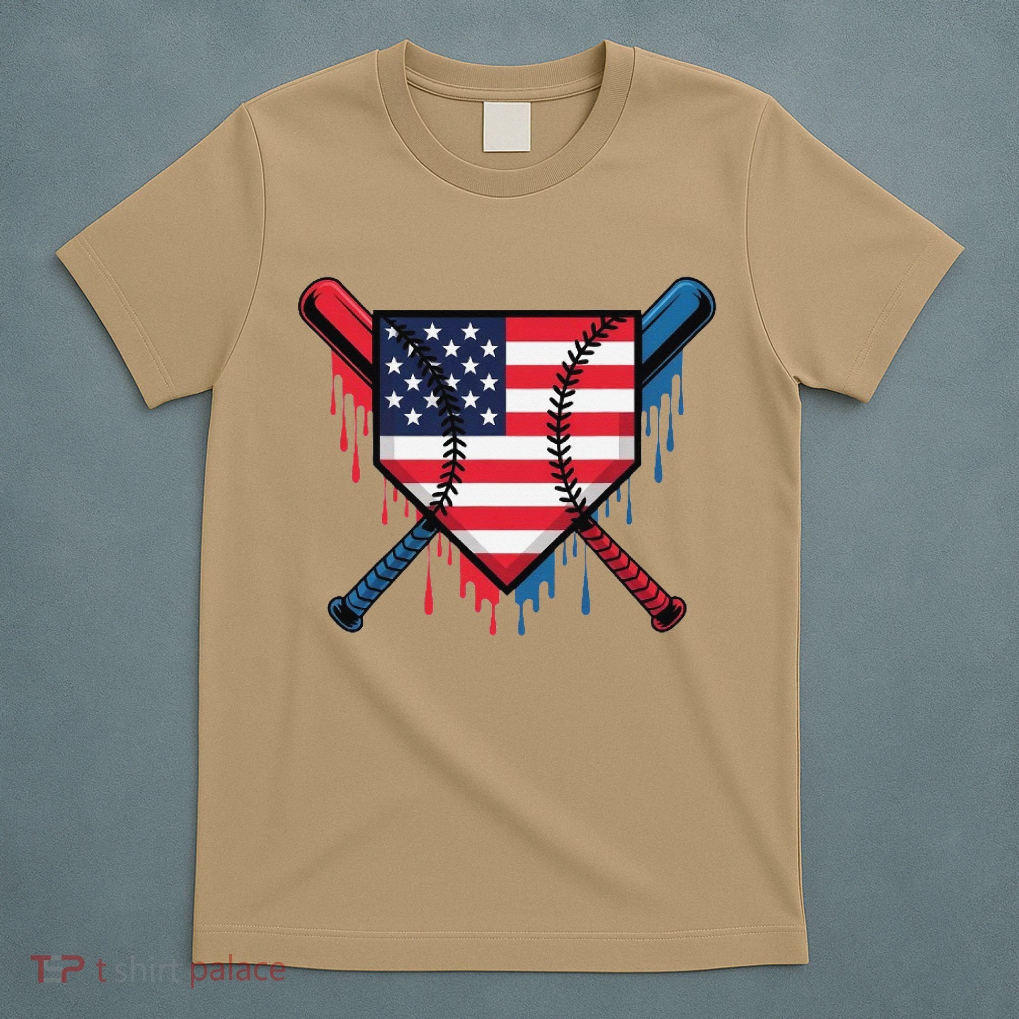 Baseball Drip Ice Cream Patriotic American Flag Funny T-Shirt