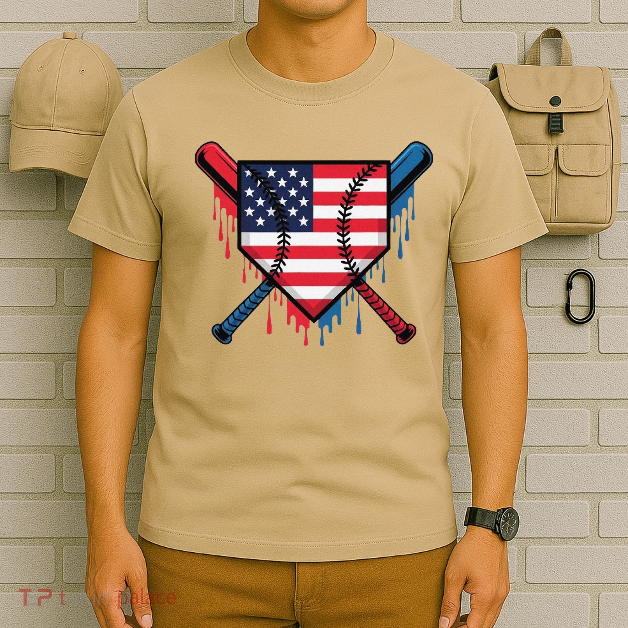 Baseball Drip Ice Cream Patriotic American Flag Funny T-Shirt
