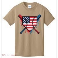 Baseball Drip Ice Cream Patriotic American Flag Funny Kids T-Shirt thumb 0