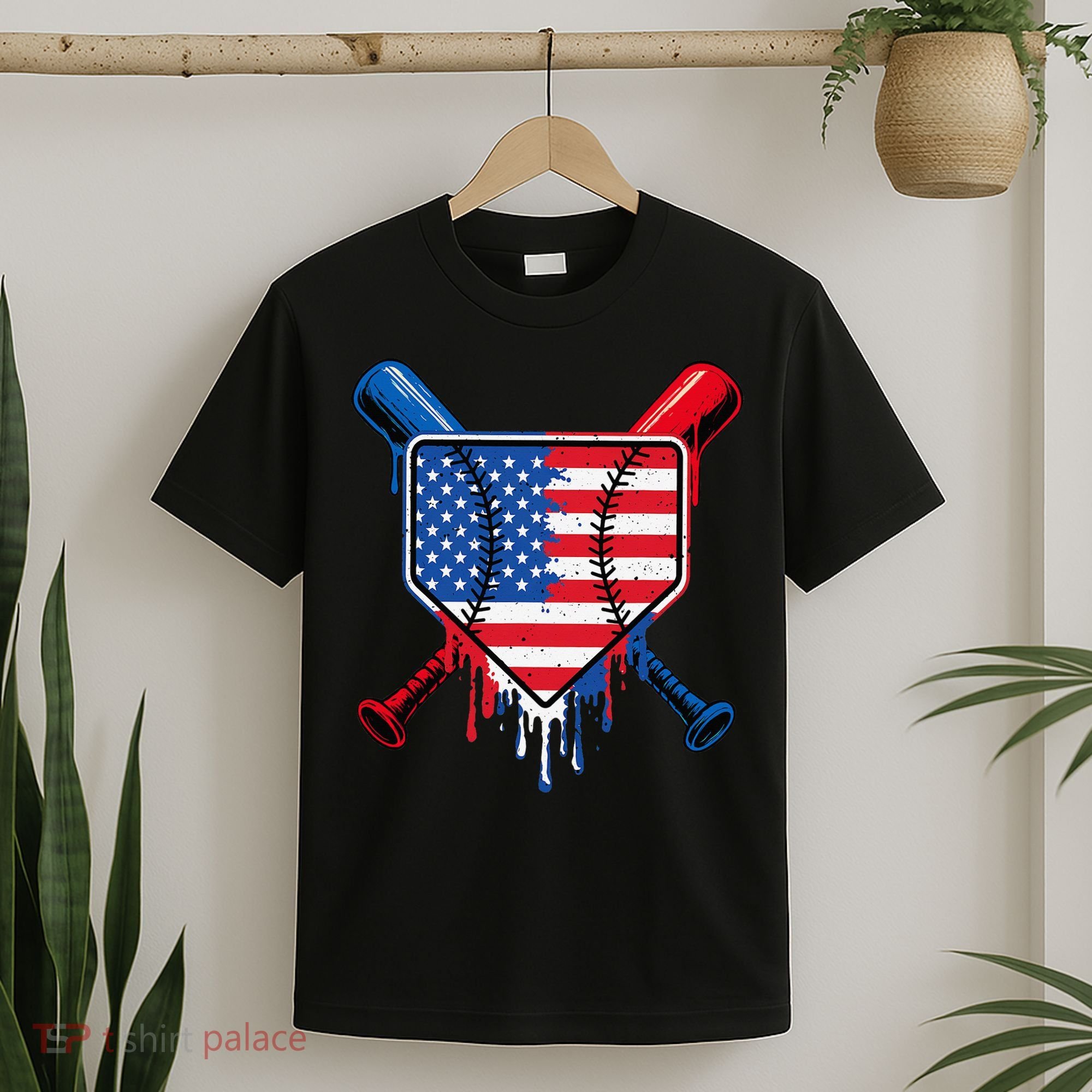 Baseball Drip Ice Cream Patriotic American Flag T-Shirt