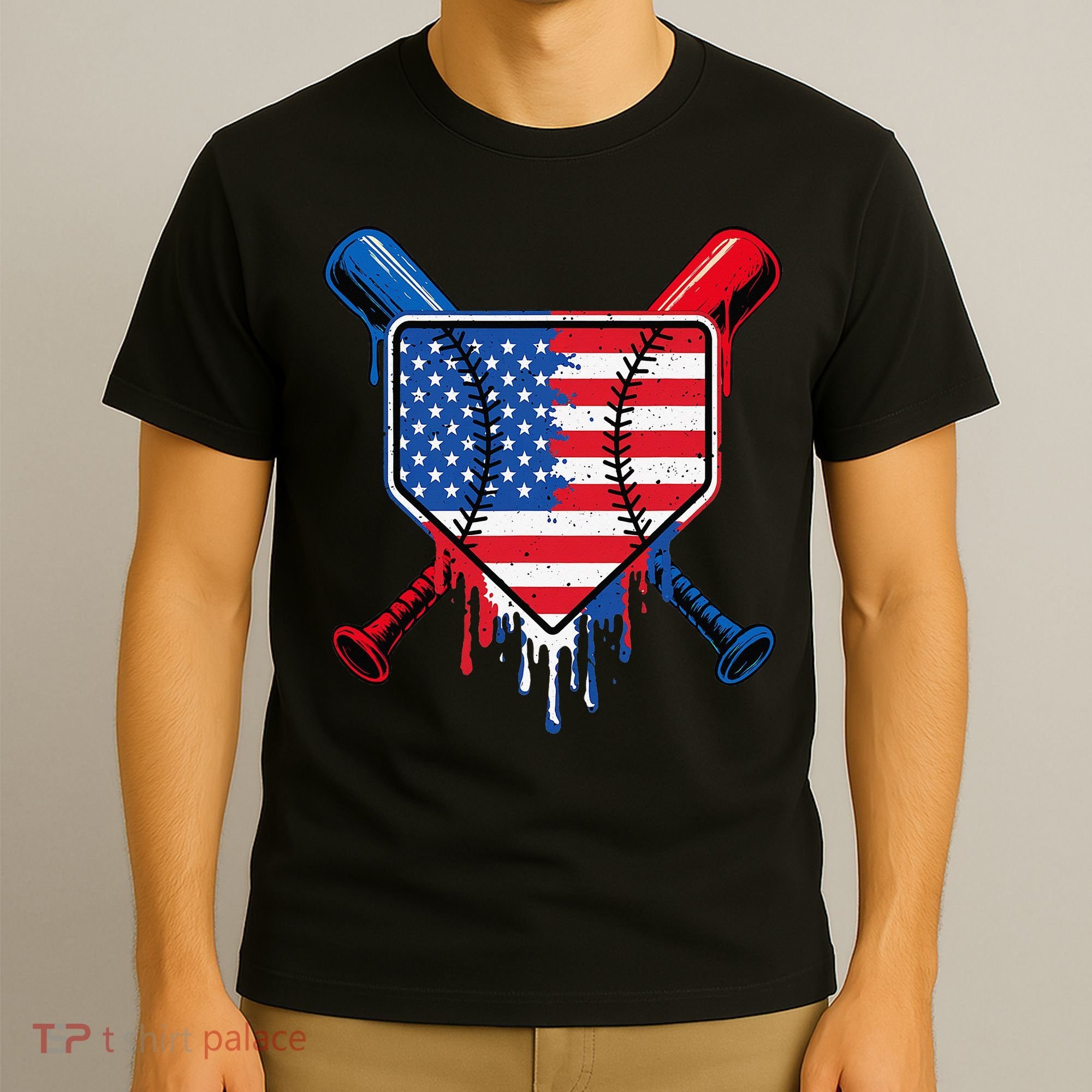 Baseball Drip Ice Cream Patriotic American Flag T-Shirt