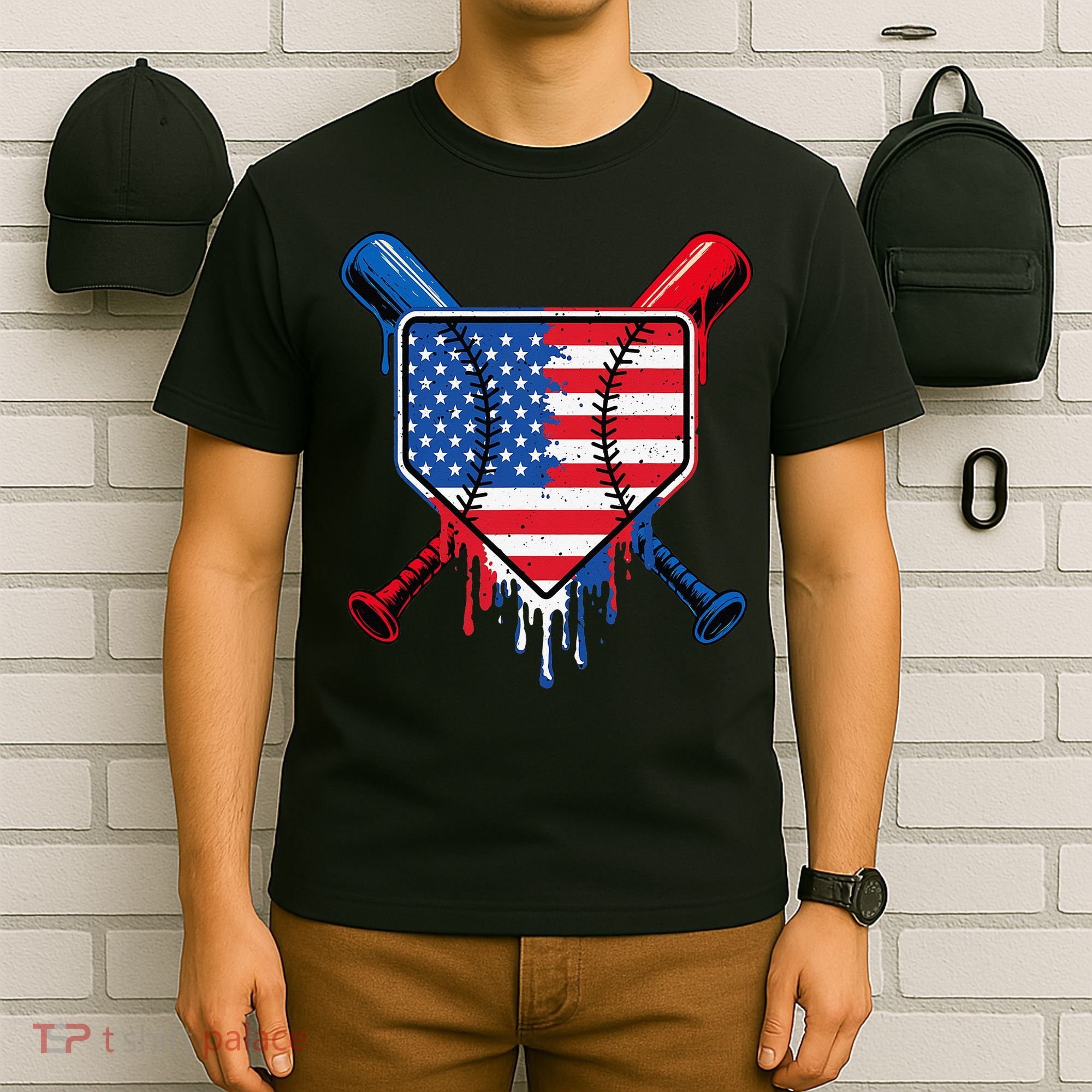 Baseball Drip Ice Cream Patriotic American Flag T-Shirt