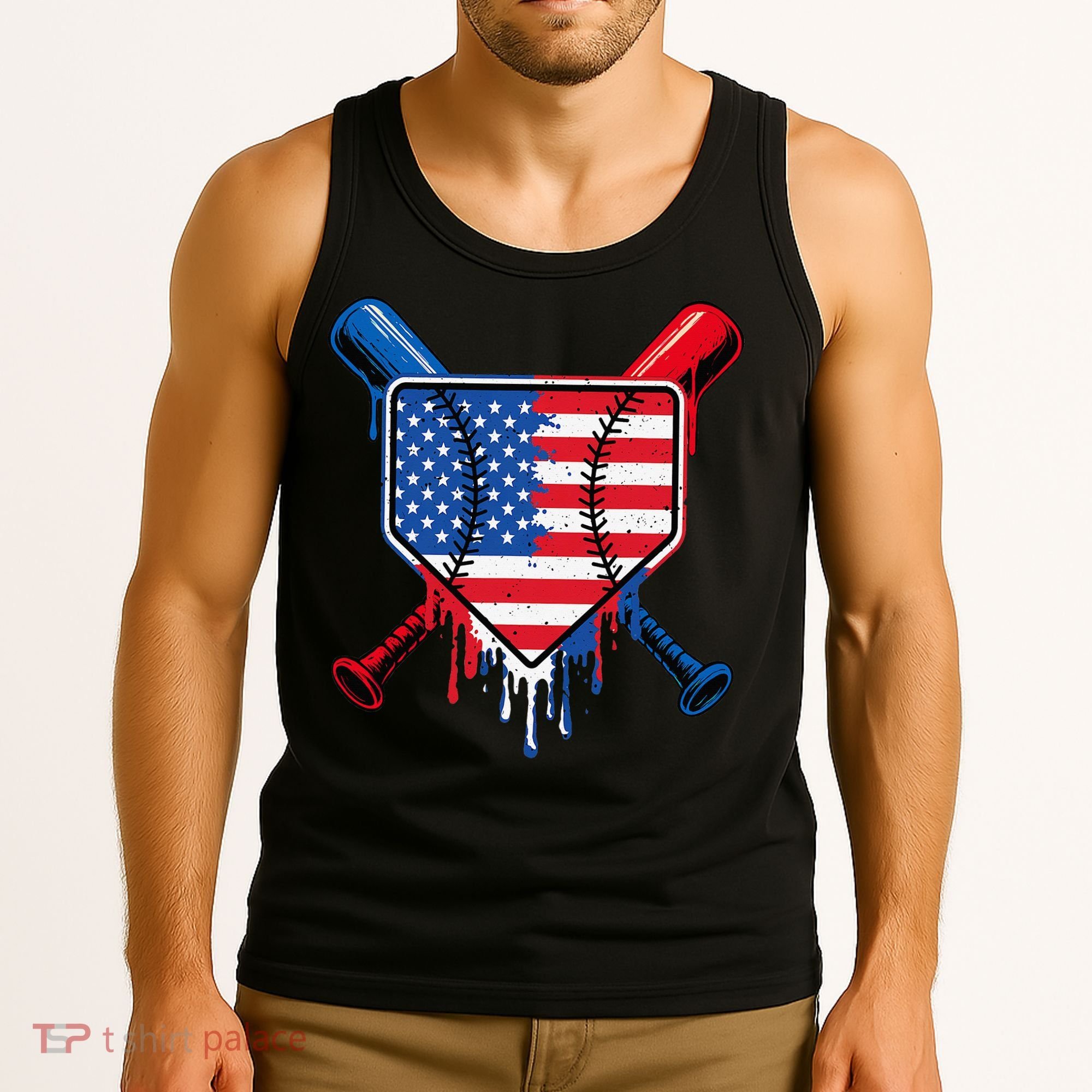 Baseball Drip Ice Cream Patriotic American Flag Tank Top
