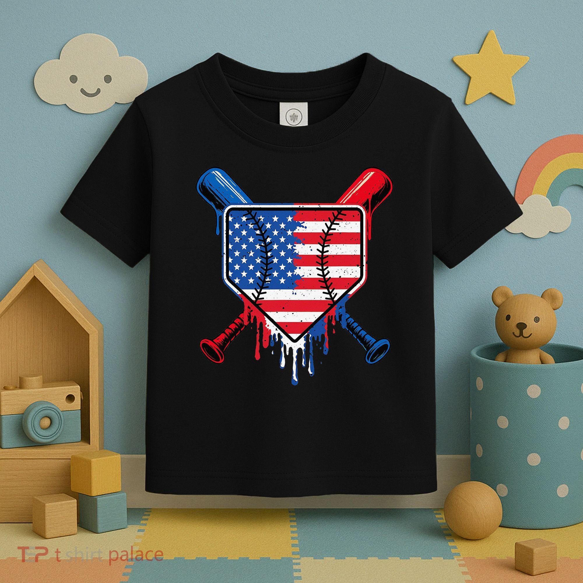 Baseball Drip Ice Cream Patriotic American Flag Toddler T-Shirt