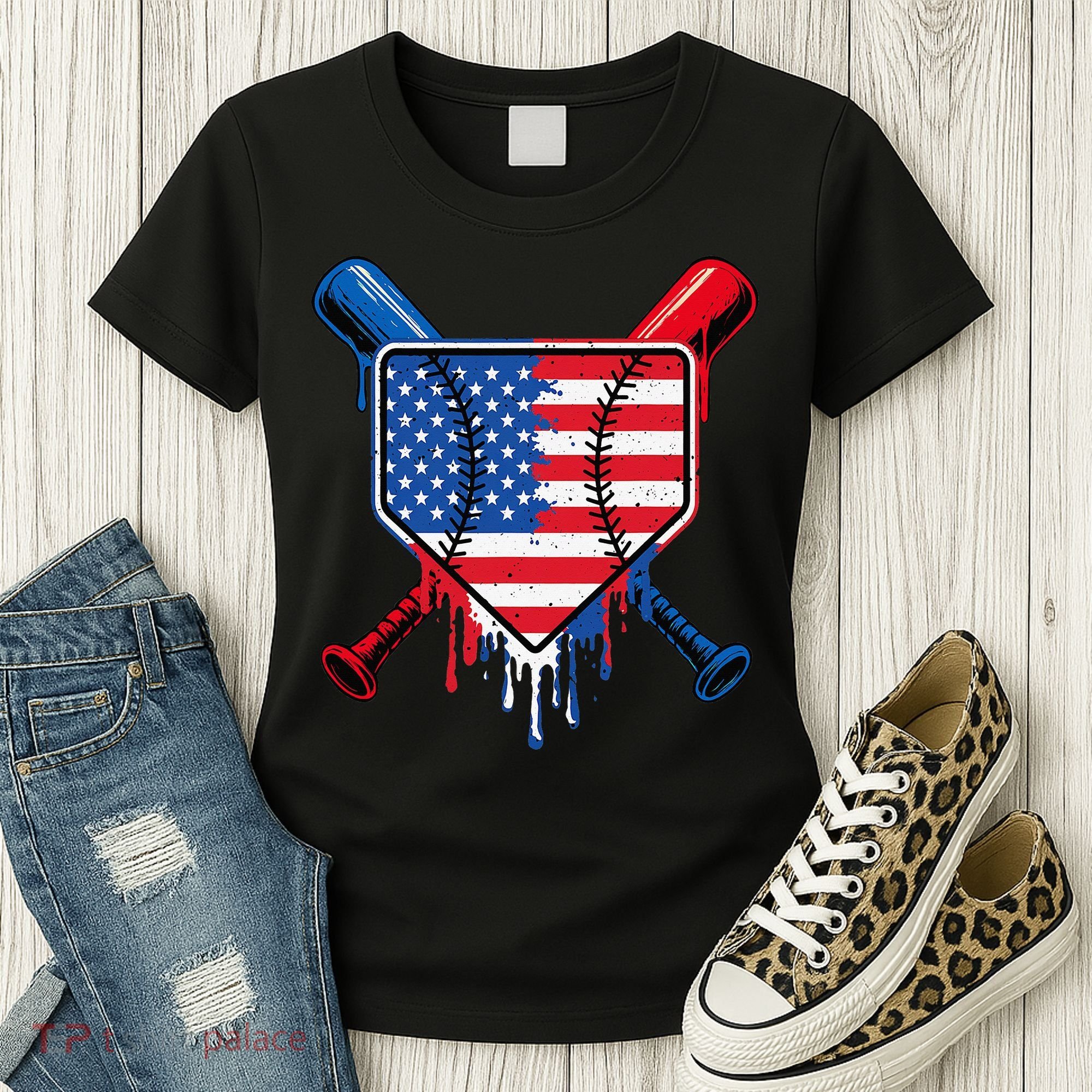 Baseball Drip Ice Cream Patriotic American Flag Women's T-Shirt