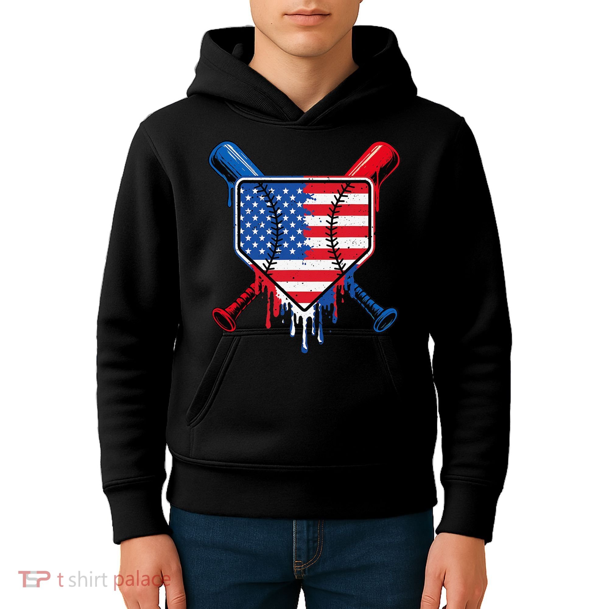 Baseball Drip Ice Cream Patriotic American Flag Kids Hoodie