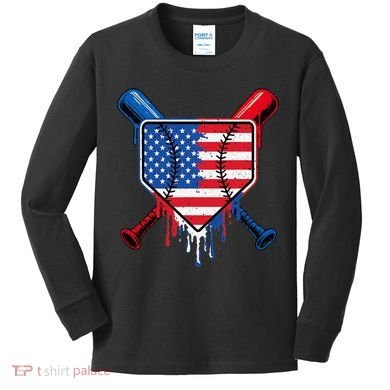 Baseball Drip Ice Cream Patriotic American Flag Kids Long Sleeve Shirt