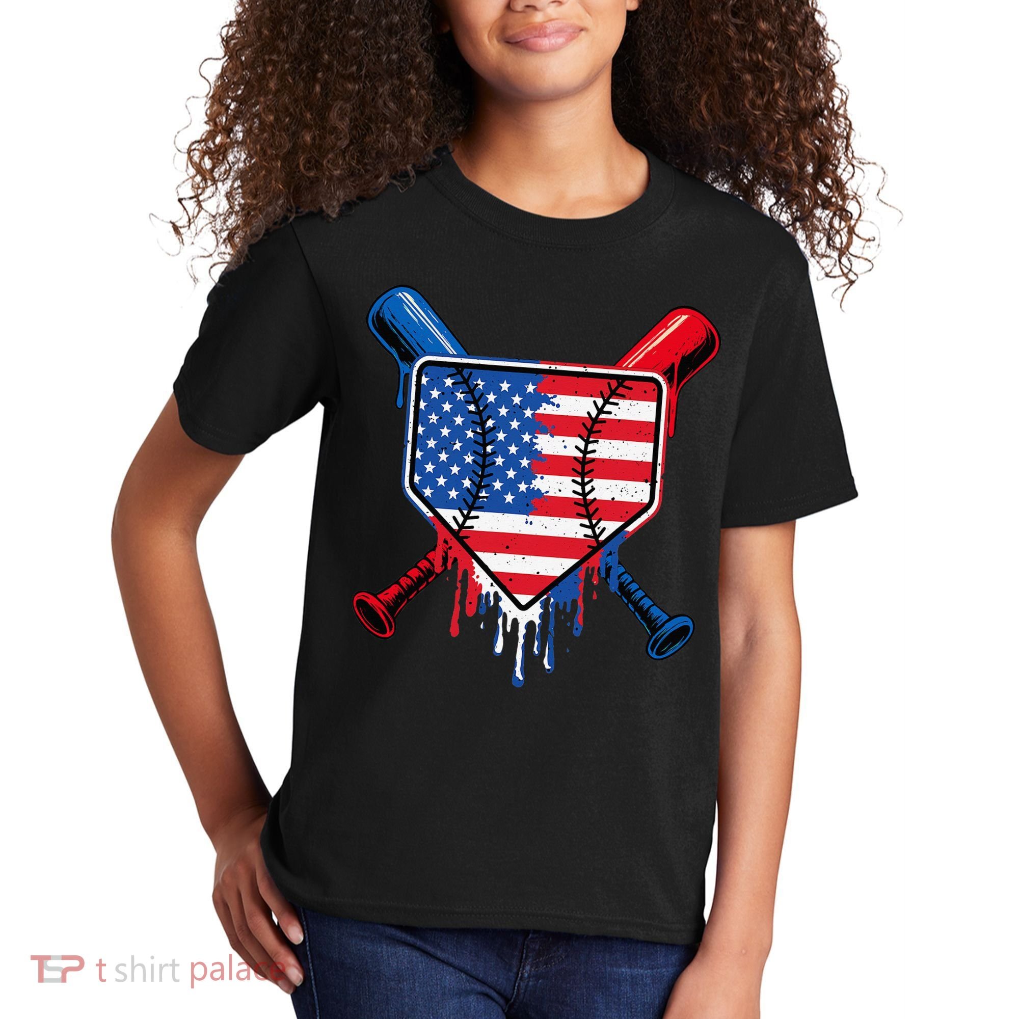 Baseball Drip Ice Cream Patriotic American Flag Kids T-Shirt