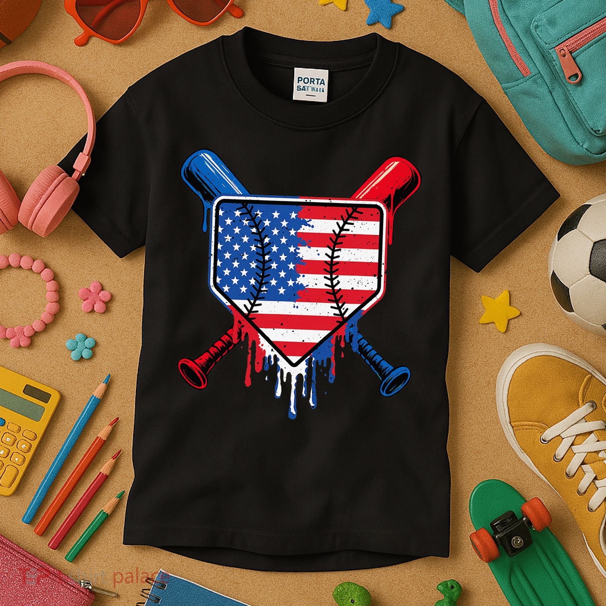 Baseball Drip Ice Cream Patriotic American Flag Kids T-Shirt