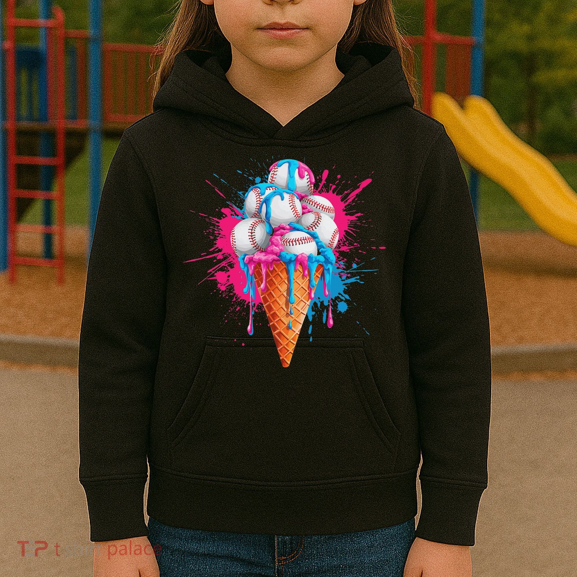 Baseball Drip Ice Cream Sports Lover Ice Cream Cone Kids Hoodie