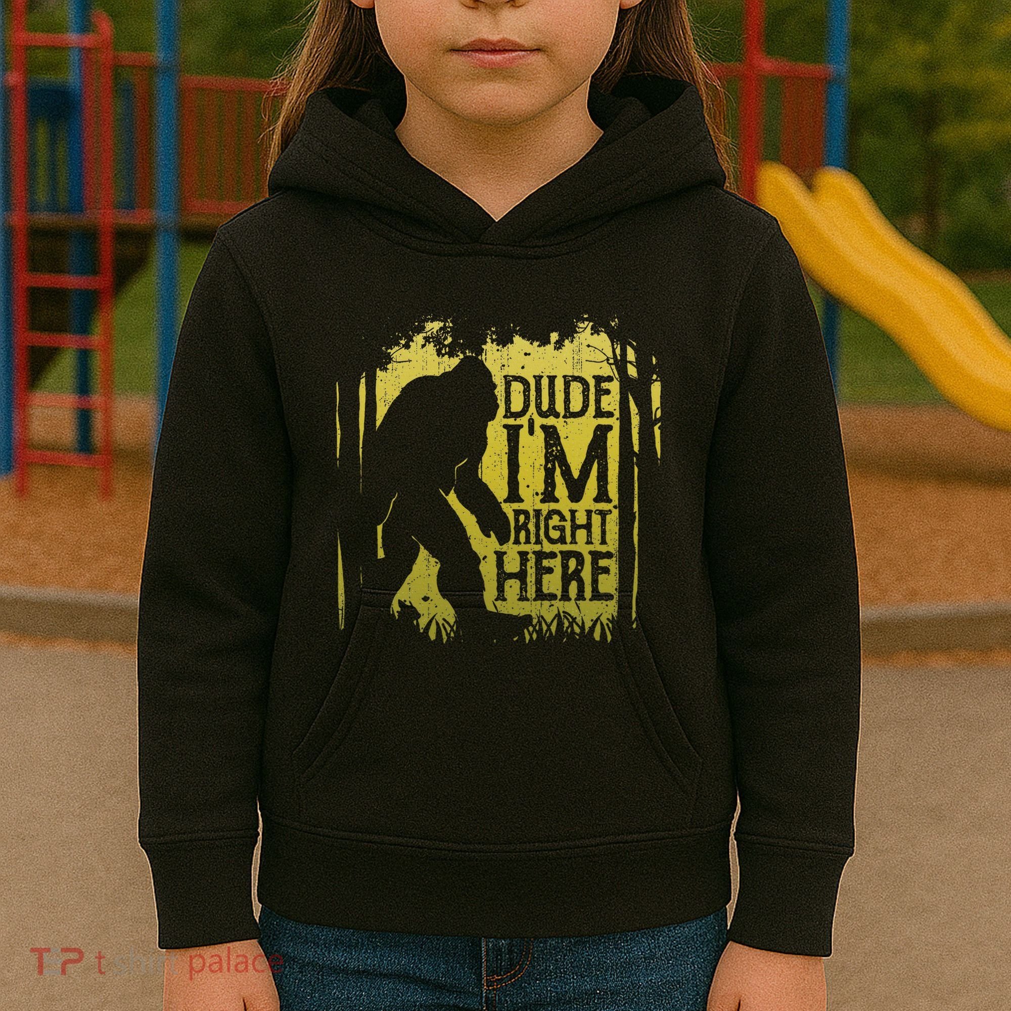 Bigfoot Dude IM Right Here Funny Sasquatch Kids Hoodie