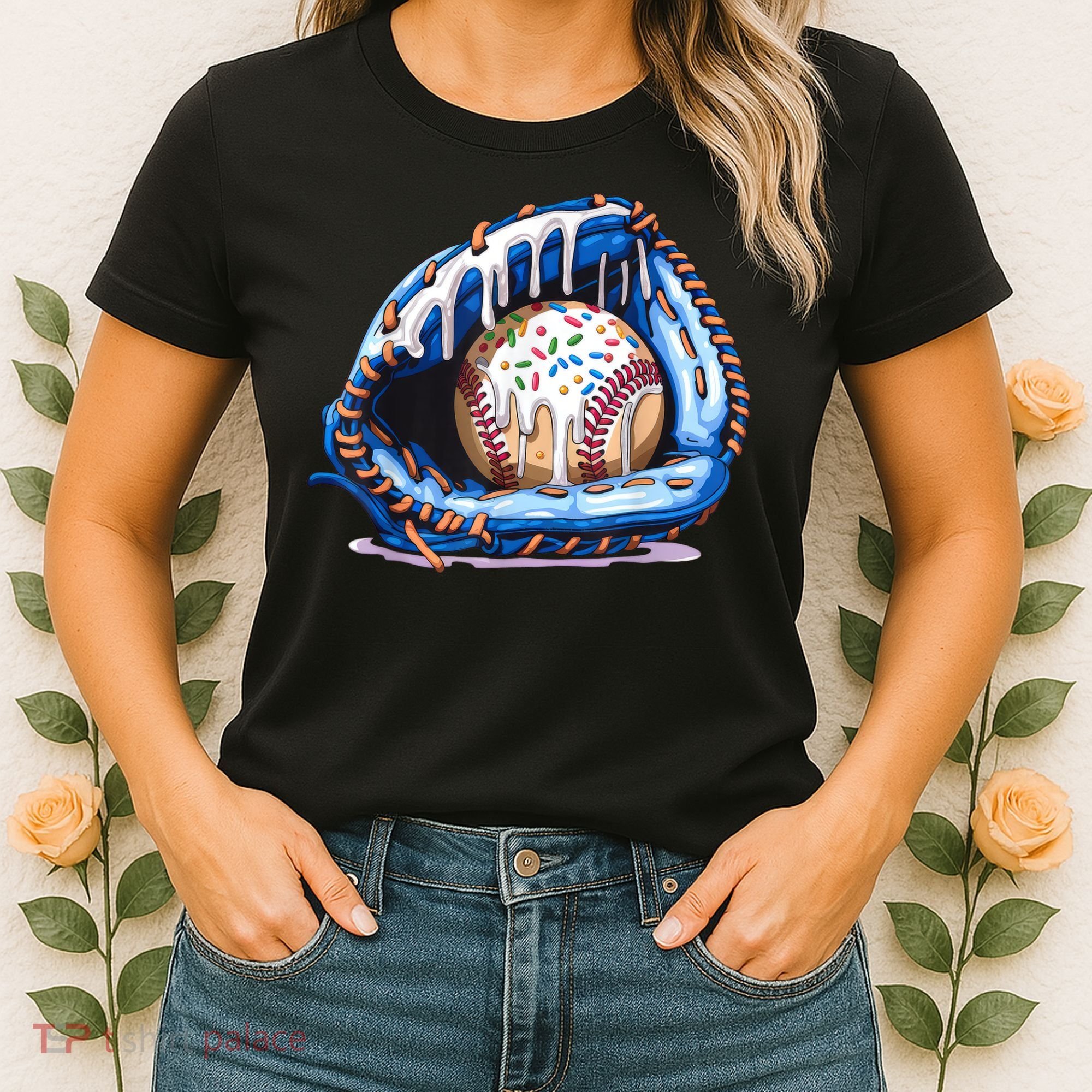 Baseball Drip Ice Cream Sprinkles Baseball Glove  Women's T-Shirt