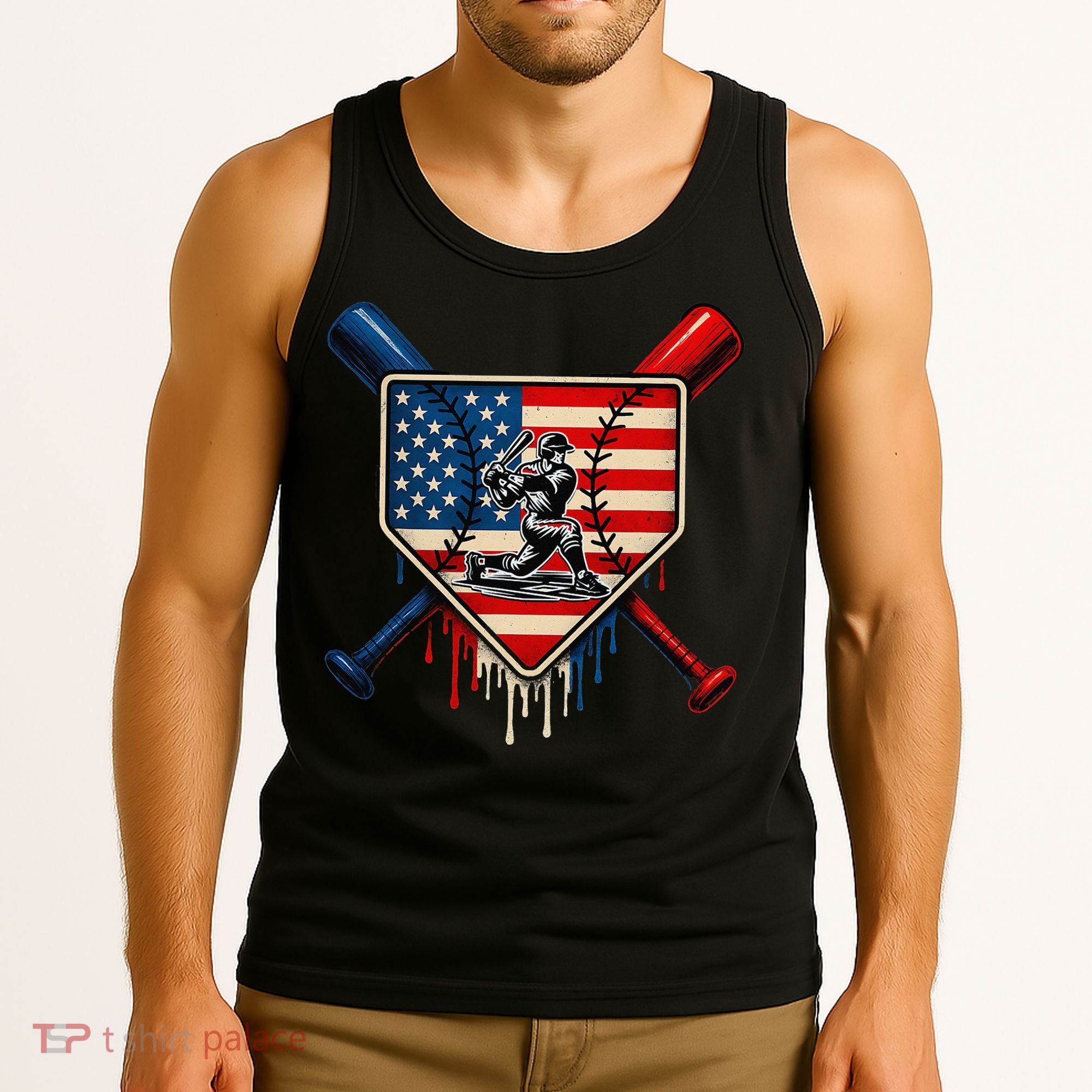 Baseball Drip Ice Cream Patriotic American Flag Tank Top