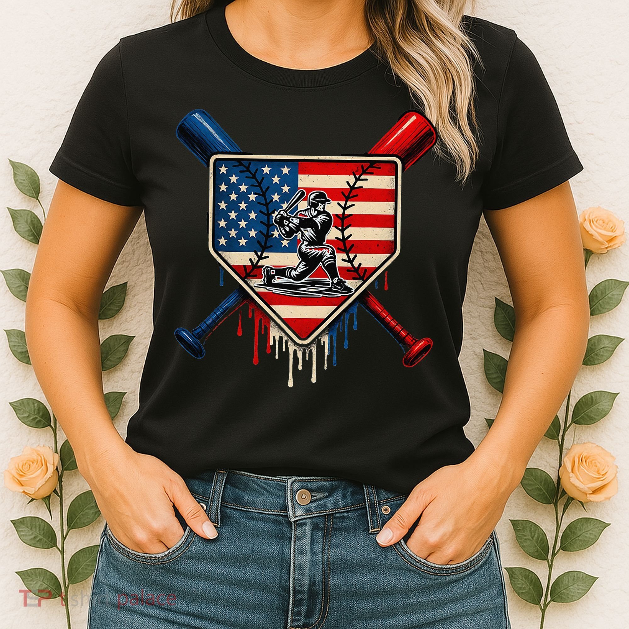Baseball Drip Ice Cream Patriotic American Flag Women's T-Shirt
