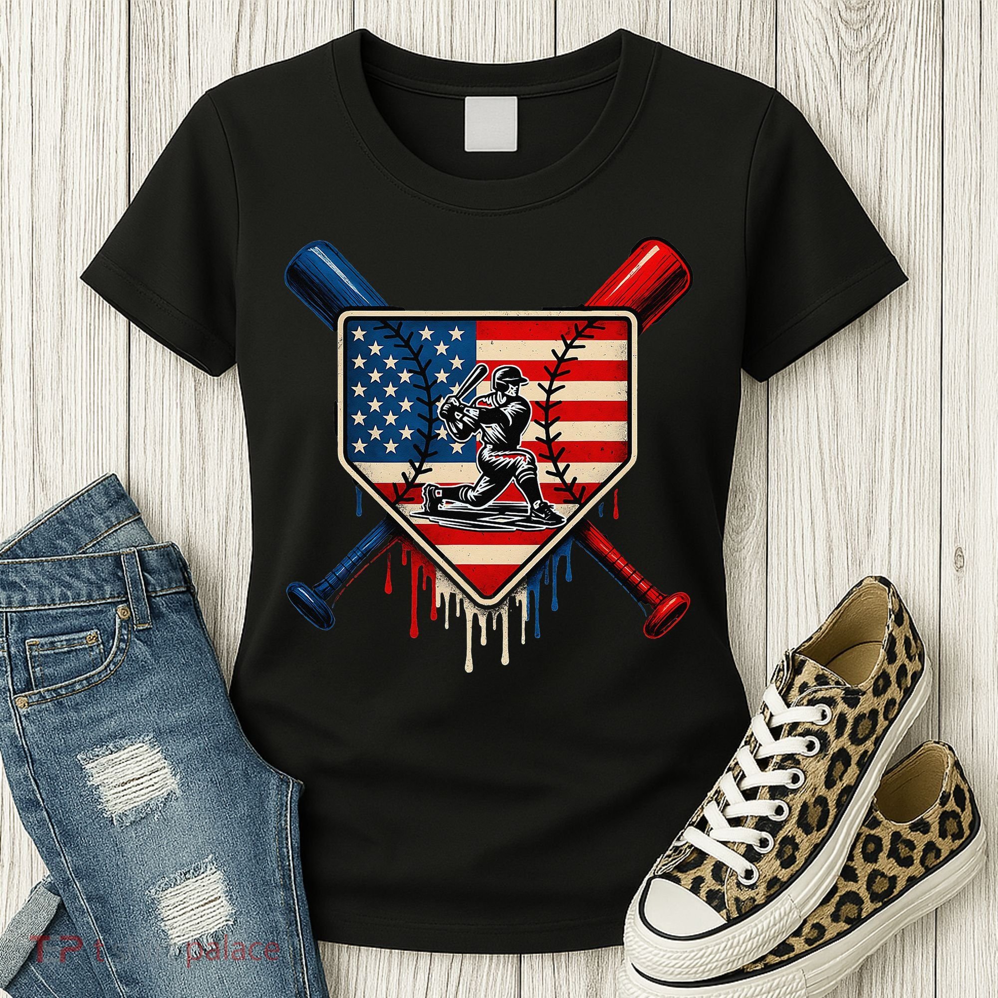 Baseball Drip Ice Cream Patriotic American Flag Women's T-Shirt