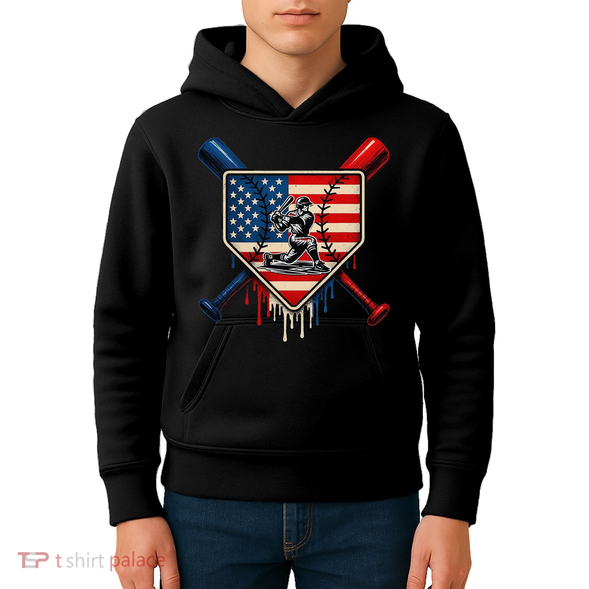 Baseball Drip Ice Cream Patriotic American Flag Kids Hoodie