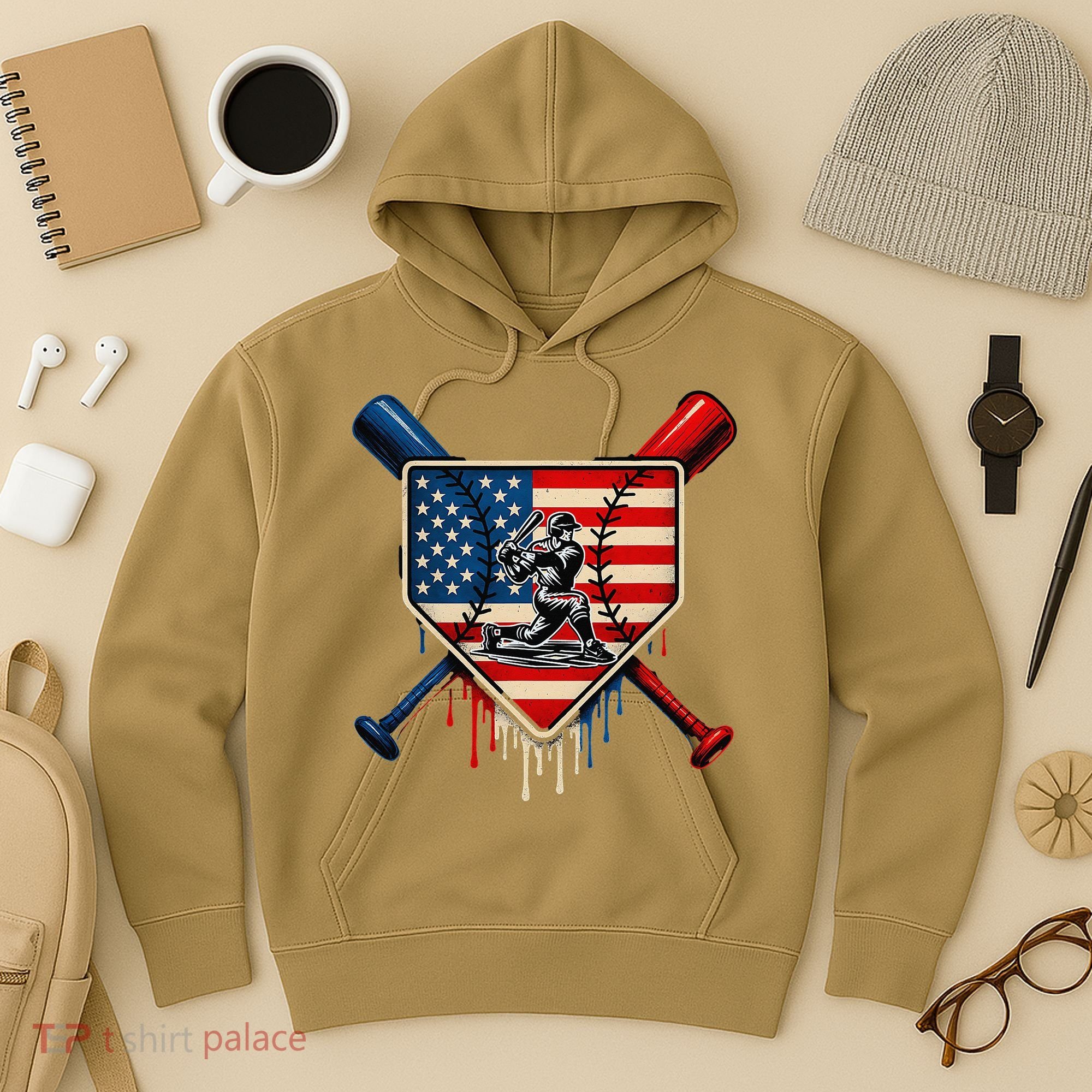 Baseball Drip Ice Cream Patriotic American Flag Hoodie