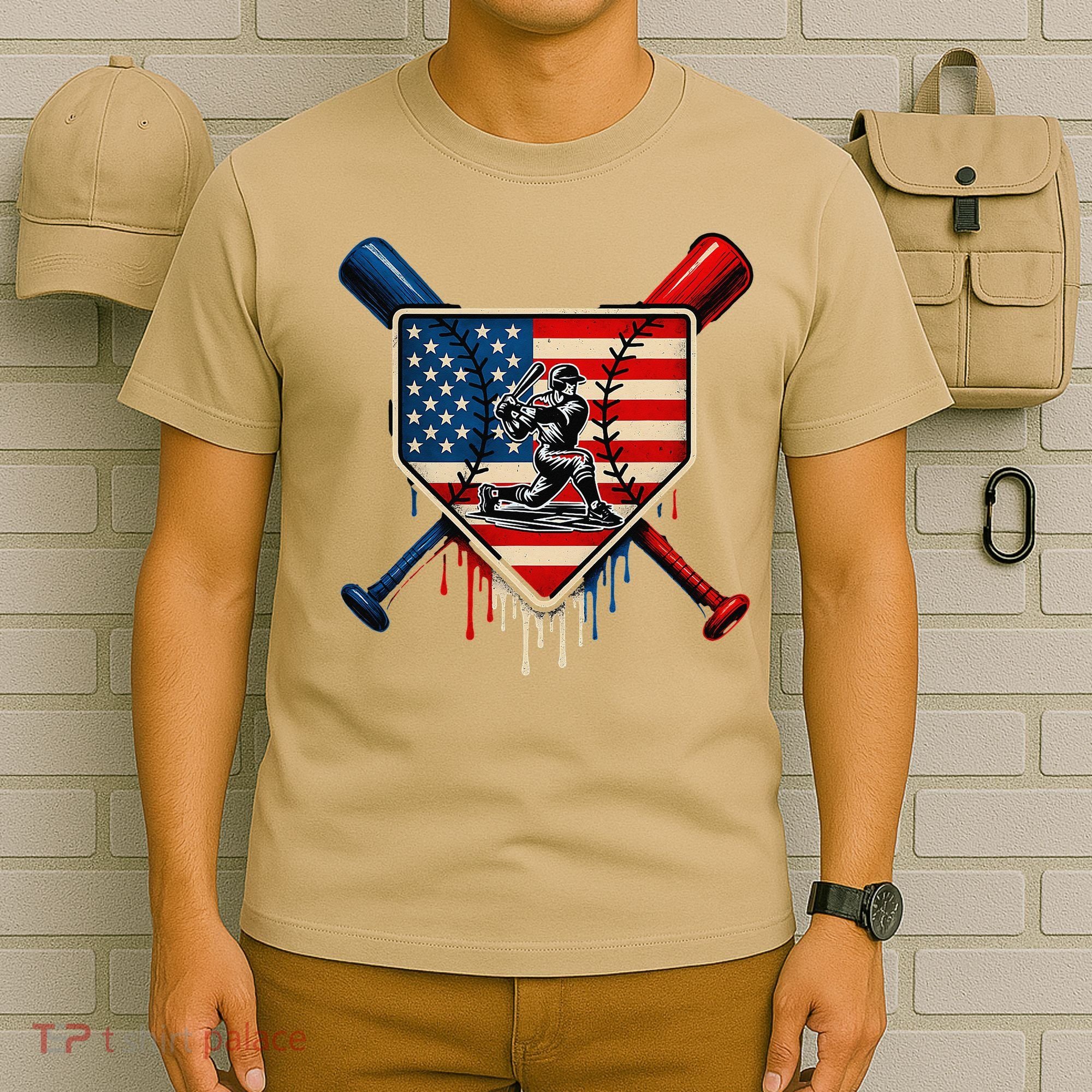 Baseball Drip Ice Cream Patriotic American Flag T-Shirt