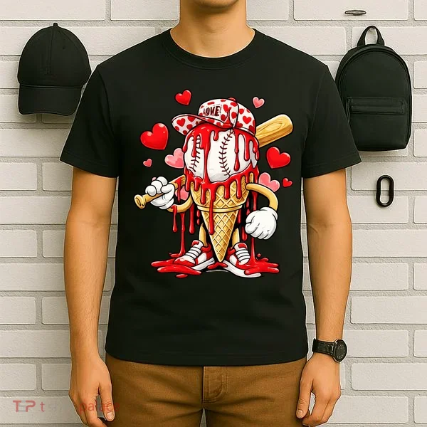 Baseball Drip Ice Cream Valentines Day T-Shirt