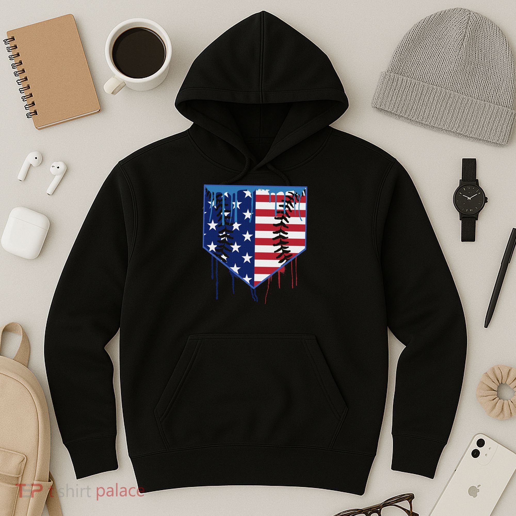 Baseball Drip Ice Cream Patriotic American Flag Hoodie