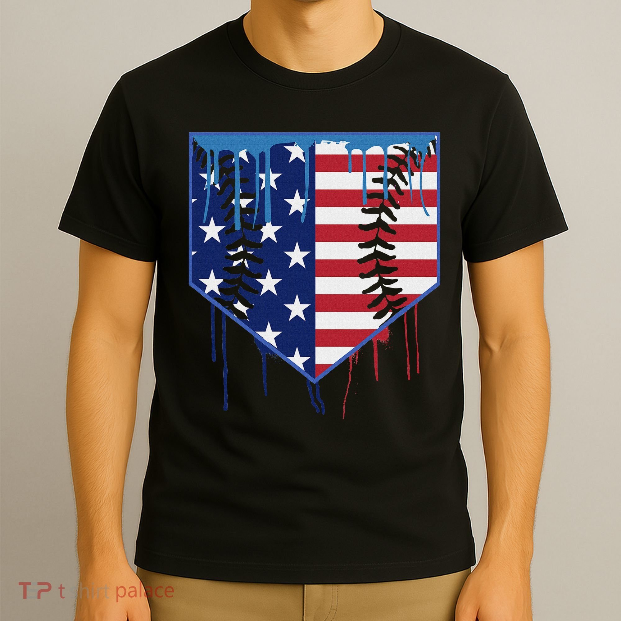Baseball Drip Ice Cream Patriotic American Flag T-Shirt