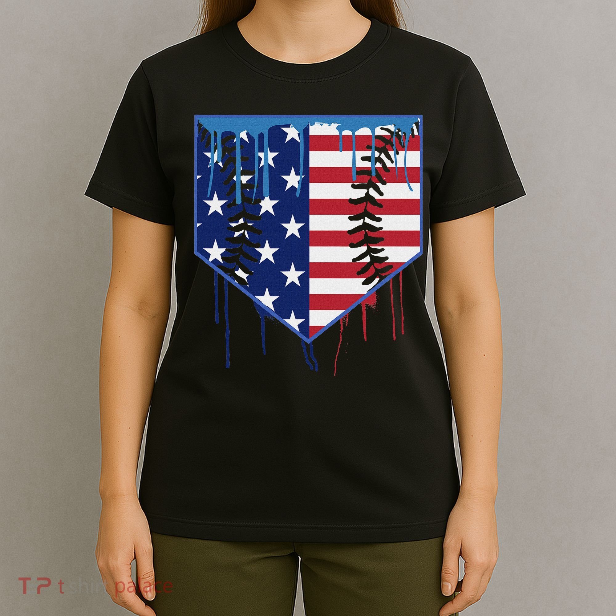 Baseball Drip Ice Cream Patriotic American Flag T-Shirt