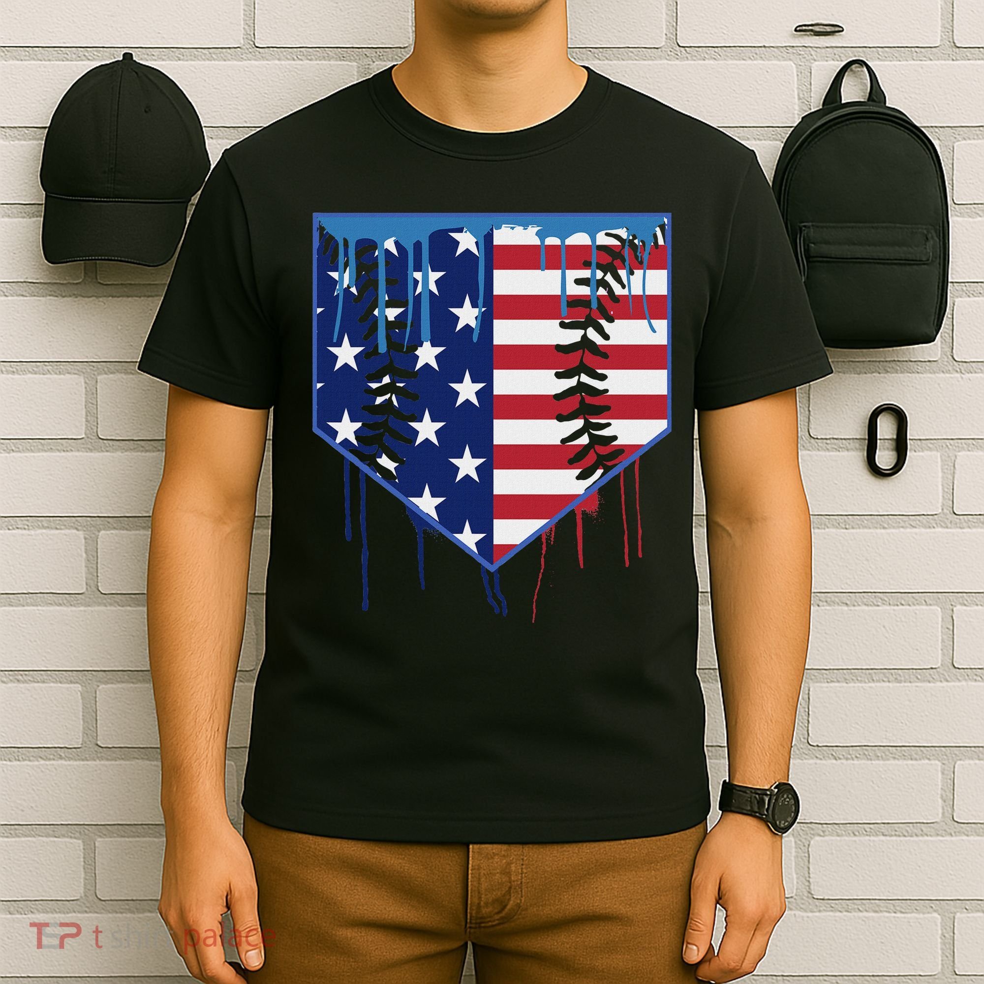 Baseball Drip Ice Cream Patriotic American Flag T-Shirt