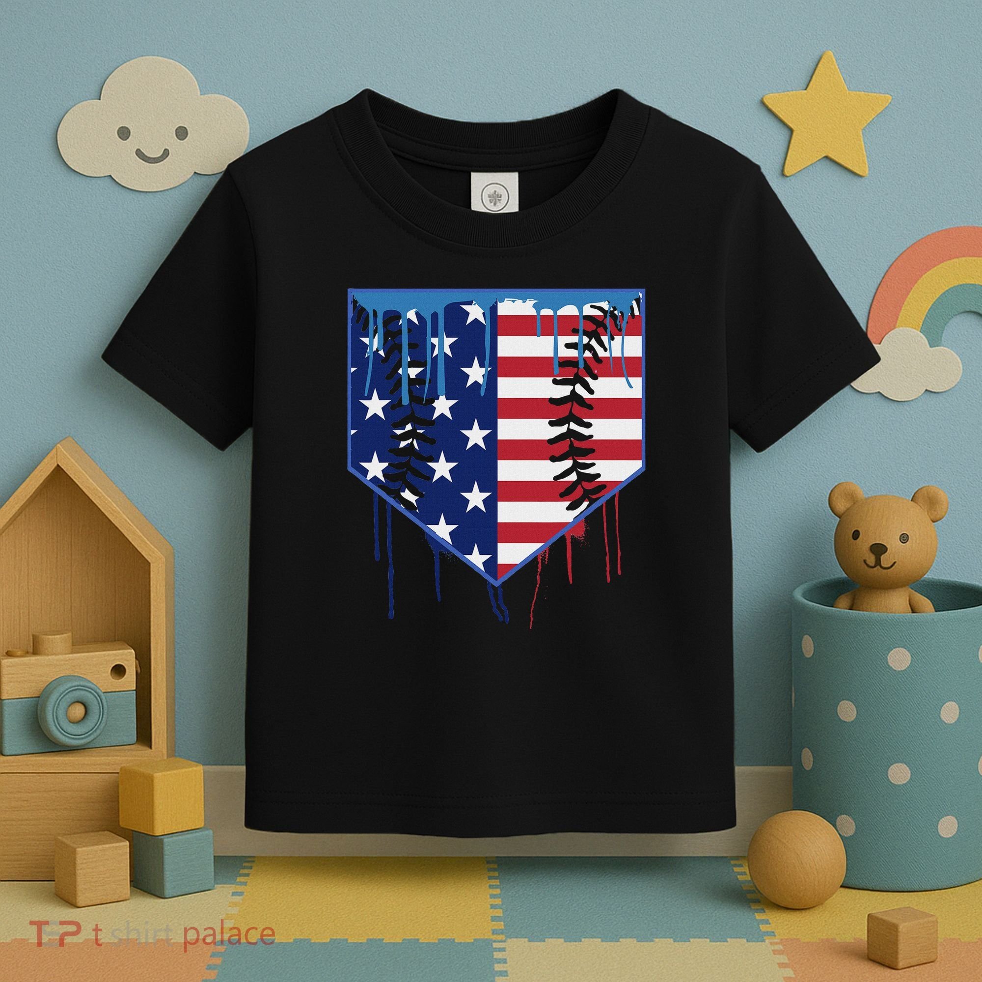 Baseball Drip Ice Cream Patriotic American Flag Toddler T-Shirt