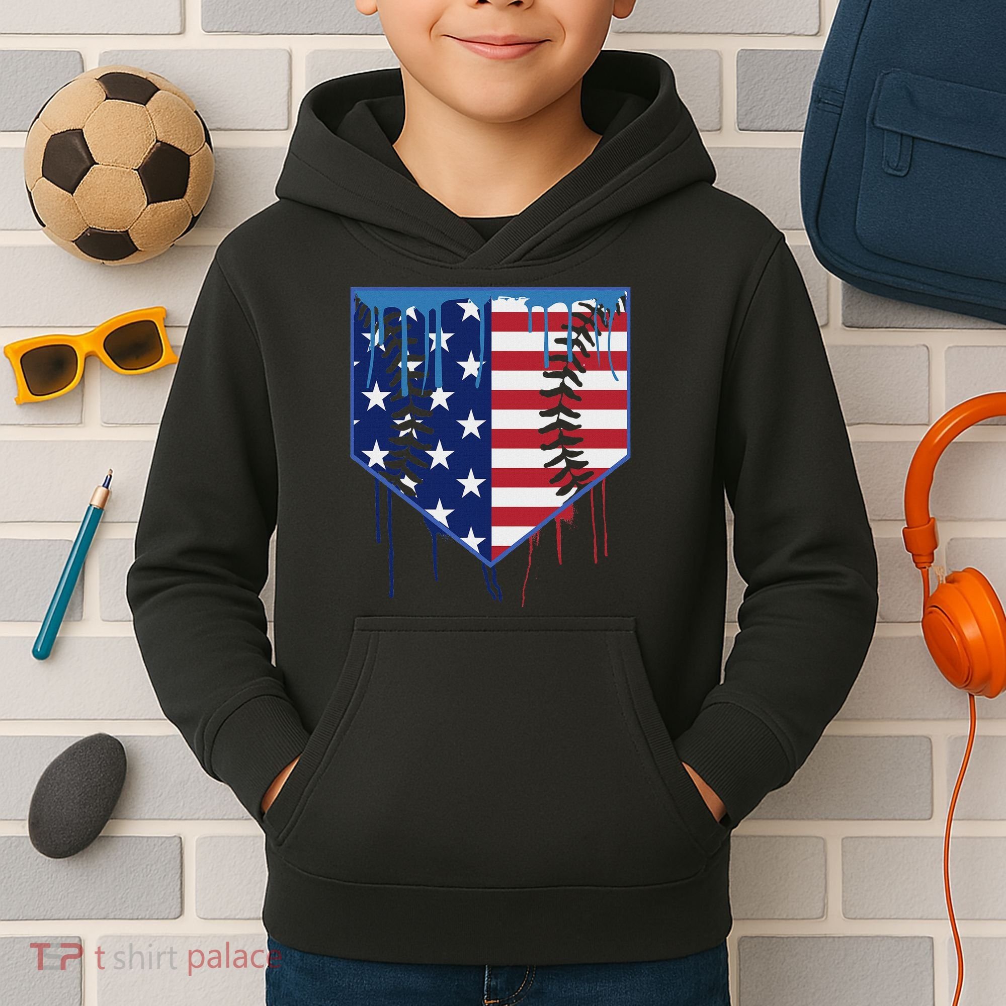 Baseball Drip Ice Cream Patriotic American Flag Kids Hoodie