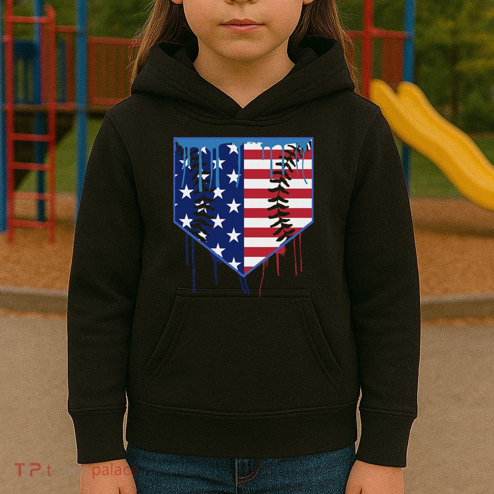 Baseball Drip Ice Cream Patriotic American Flag Kids Hoodie