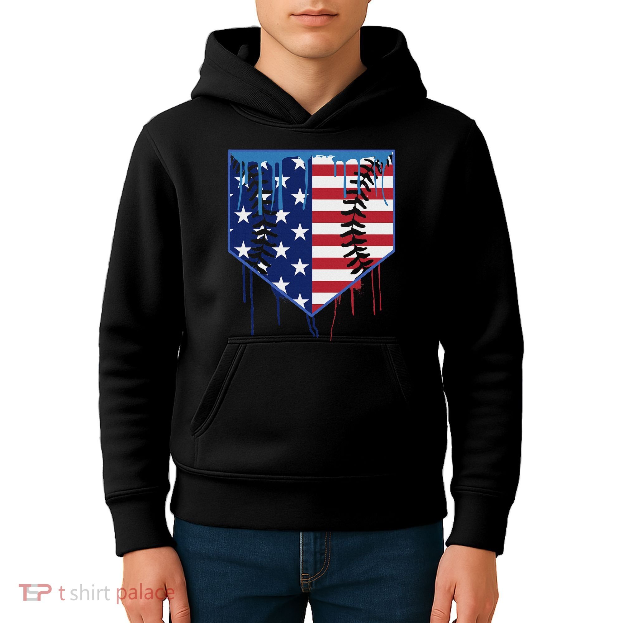 Baseball Drip Ice Cream Patriotic American Flag Kids Hoodie