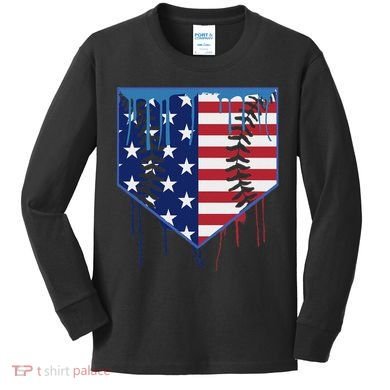 Baseball Drip Ice Cream Patriotic American Flag Kids Long Sleeve Shirt