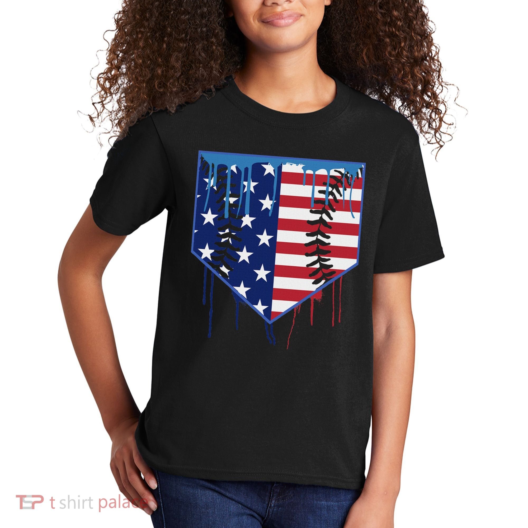Baseball Drip Ice Cream Patriotic American Flag Kids T-Shirt