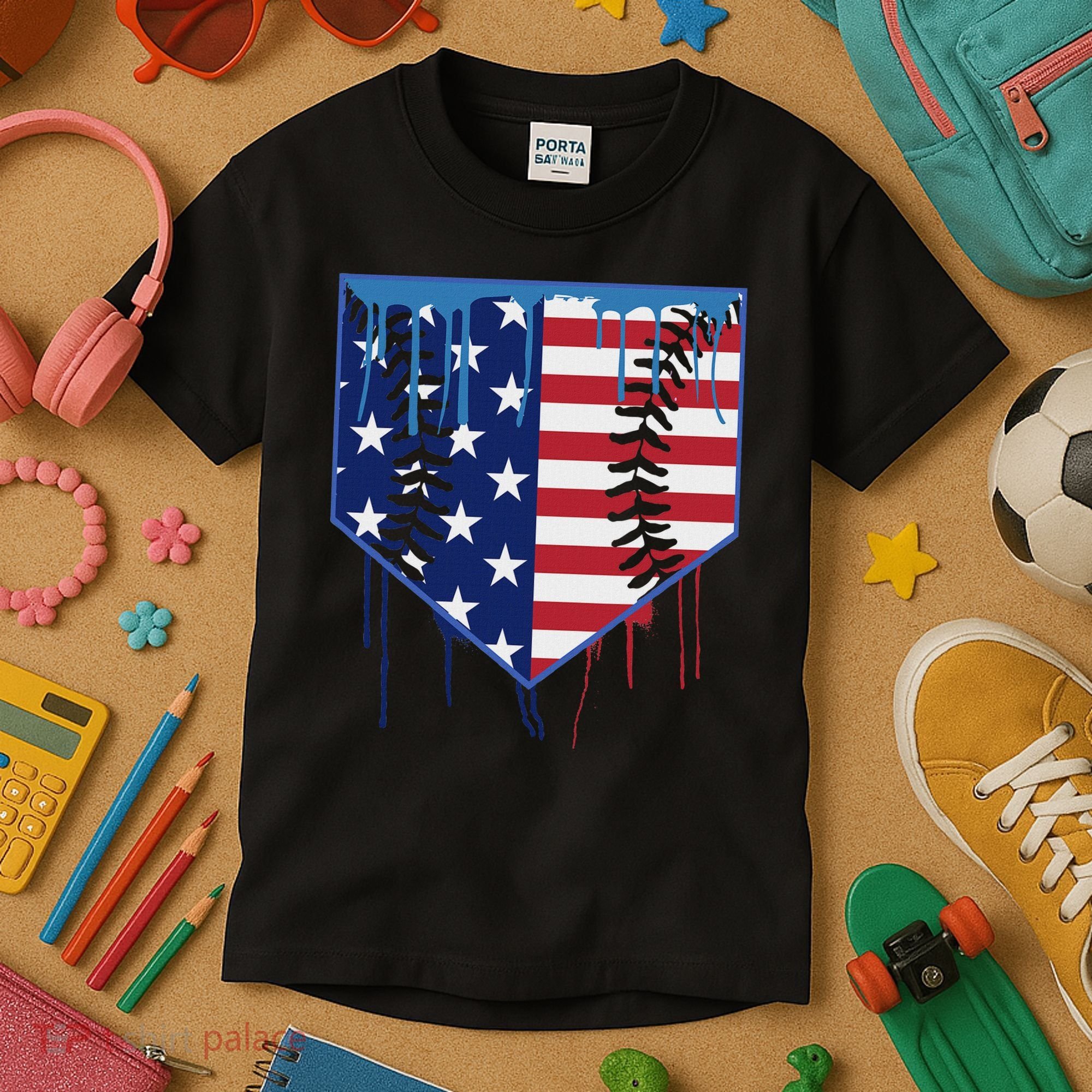 Baseball Drip Ice Cream Patriotic American Flag Kids T-Shirt