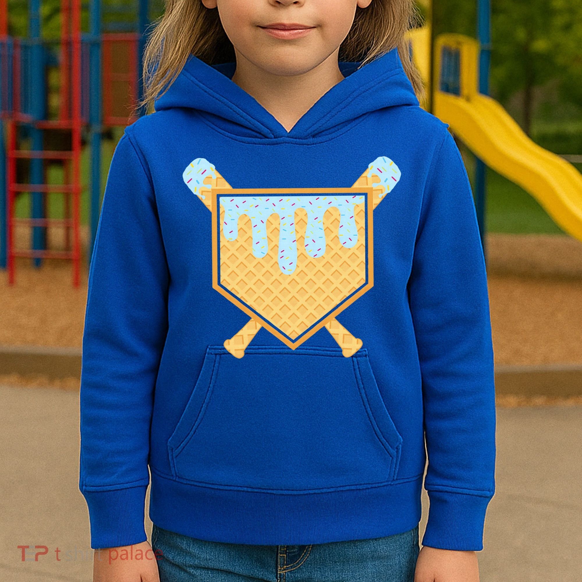 Baseball Drip Ice Cream Waffle Cone Bat Sports Kids Hoodie