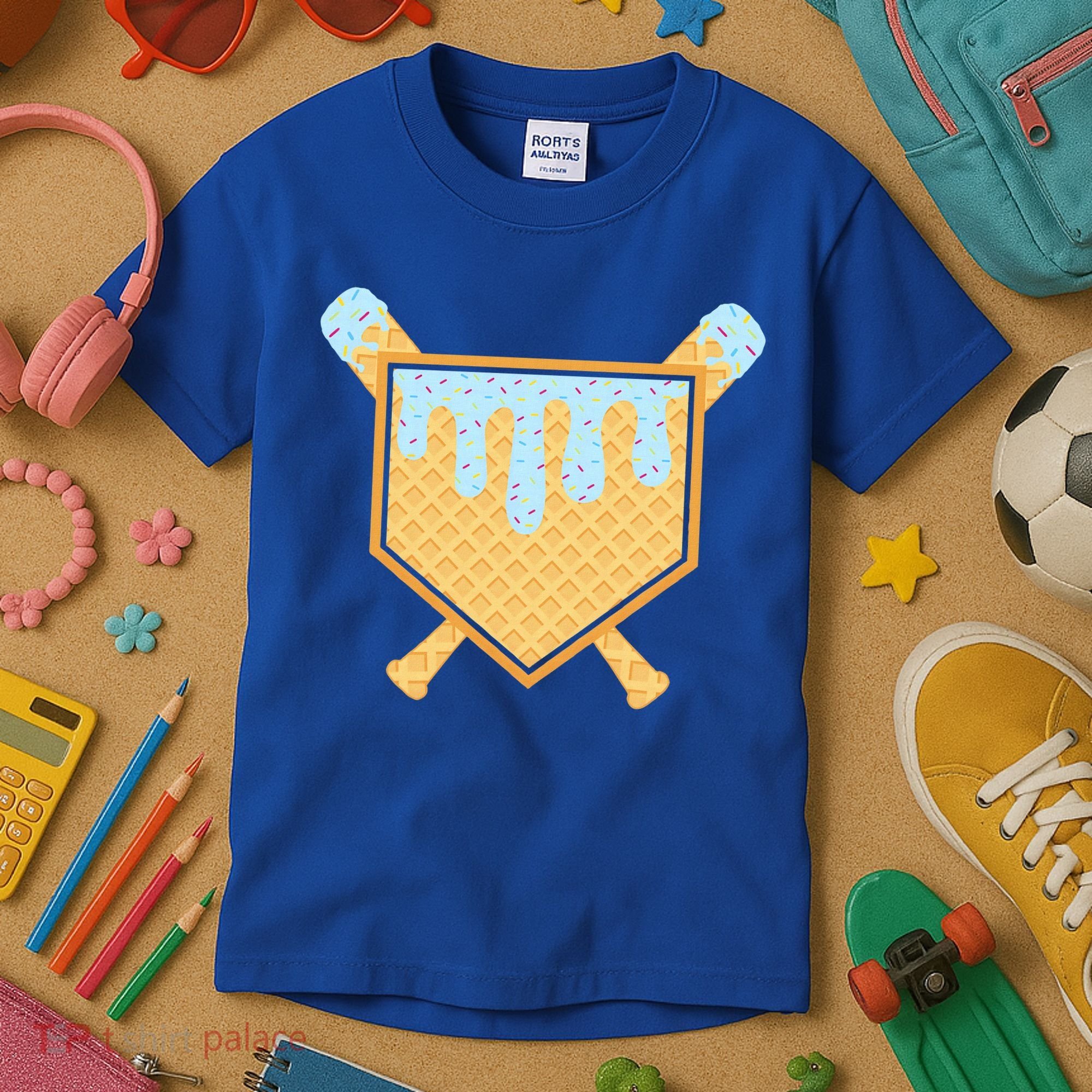 Baseball Drip Ice Cream Waffle Cone Bat Sports Kids T-Shirt