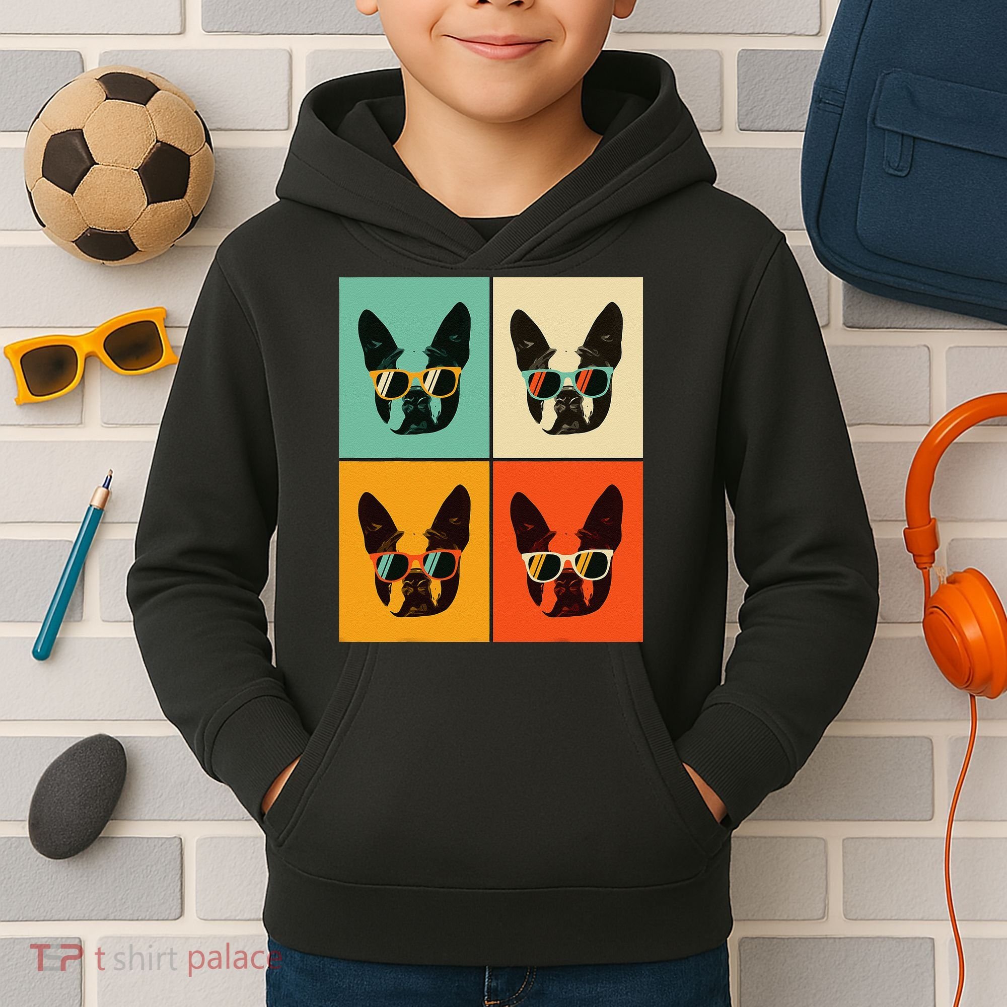 Bostie Dog Lover Gift Funny Boston Terrier With Sunglasses Kids Hoodie