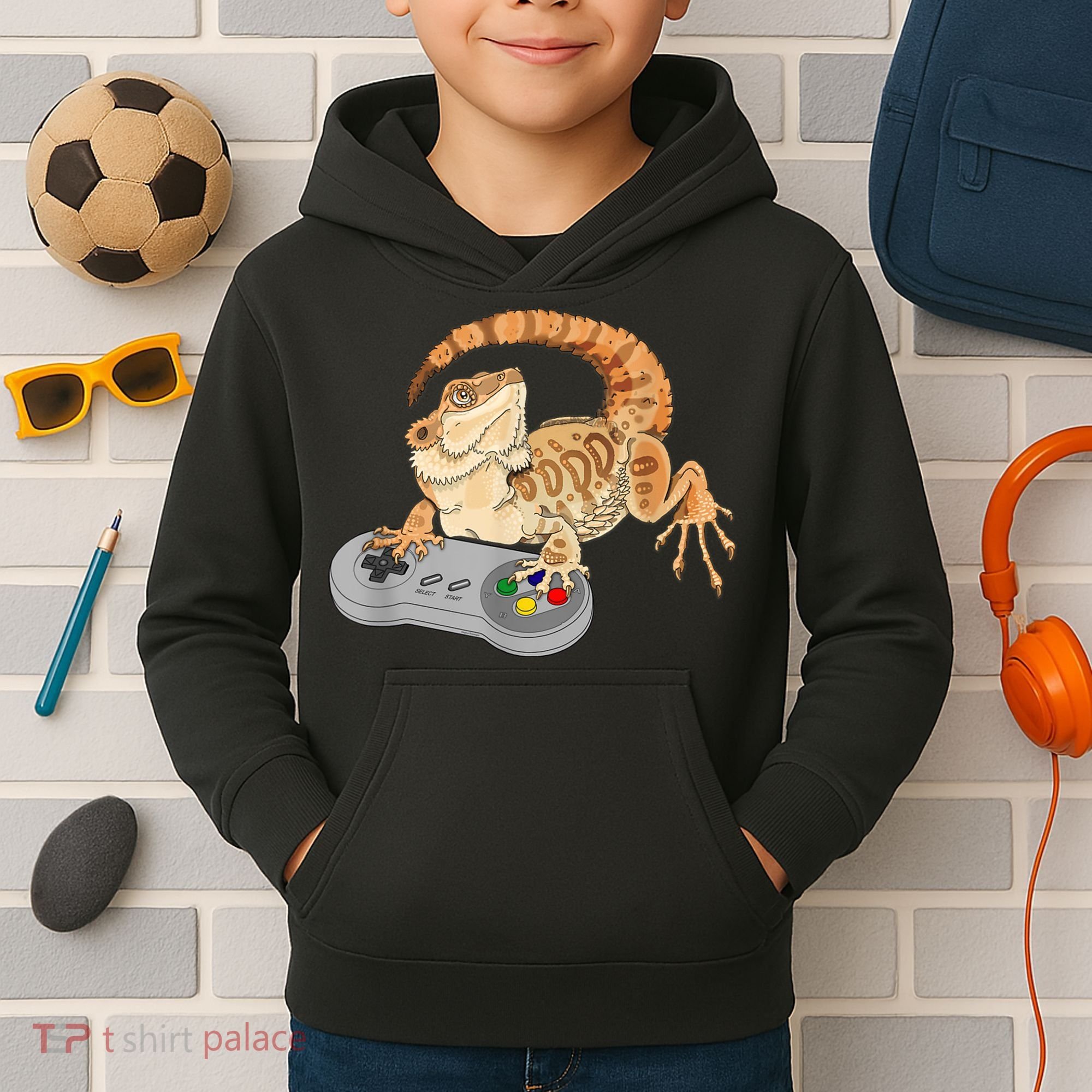 Bearded Dragon Playing Video Game Reptiles Pagona Gamer Kids Hoodie
